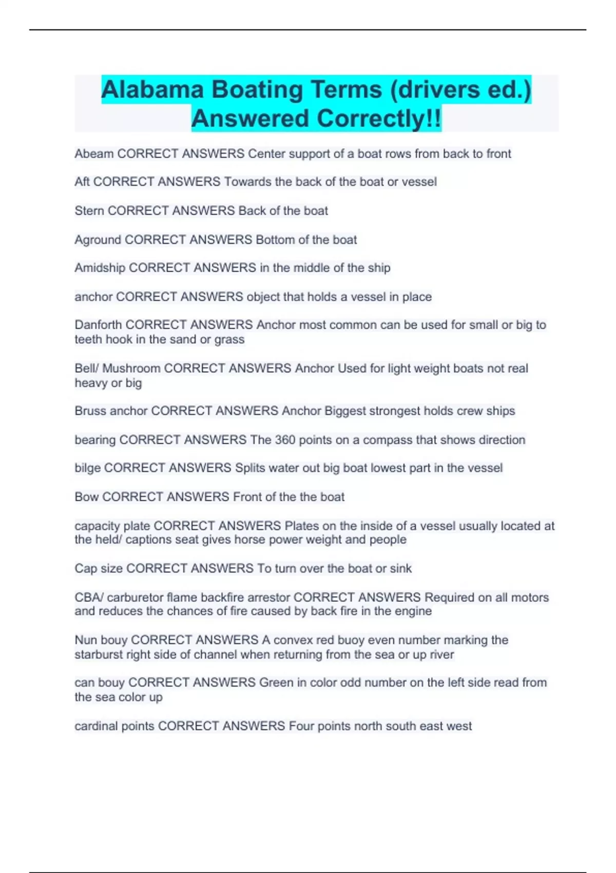 Alabama Boating Terms (drivers ed.) Answered Correctly!! Alabama