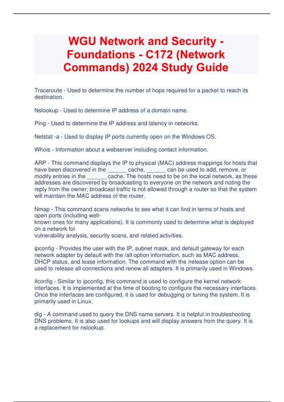 WGU Network and Security Foundations C172 Commands) 2024