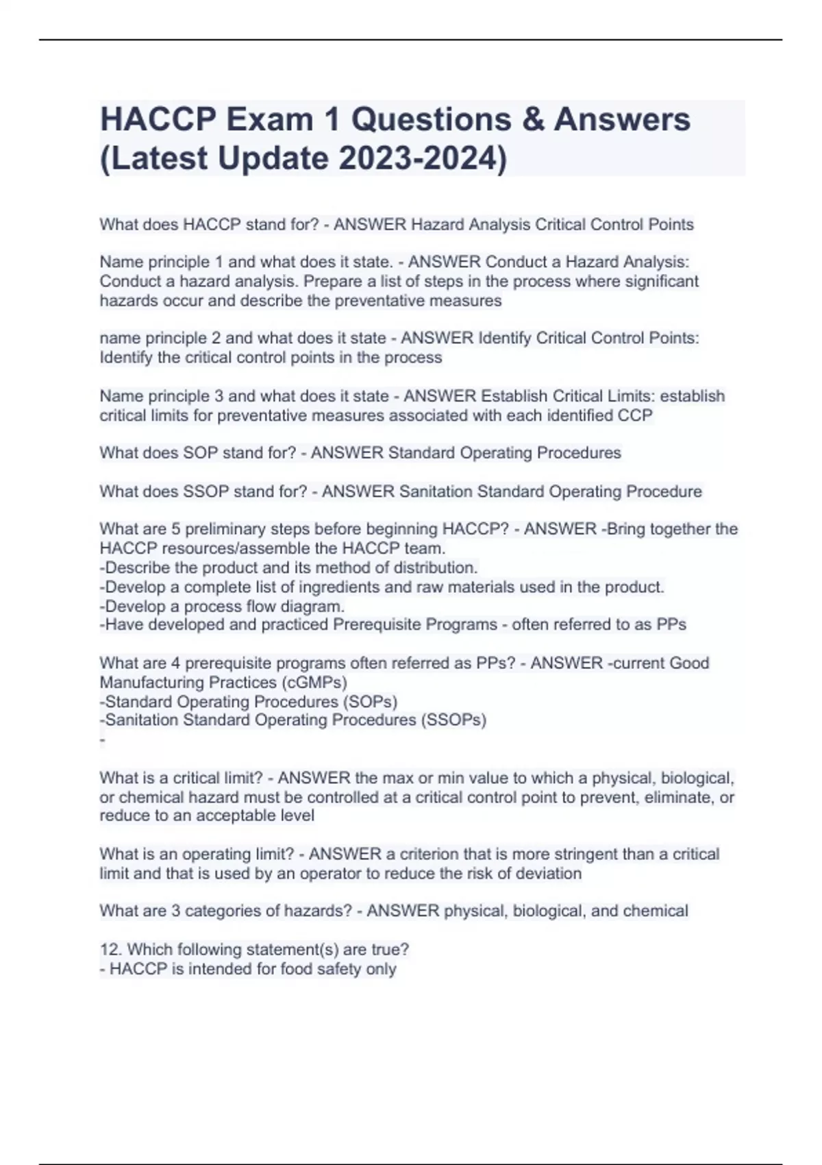 HACCP Exam 1 Questions & Answers (Latest Update ) HACCP Stuvia US