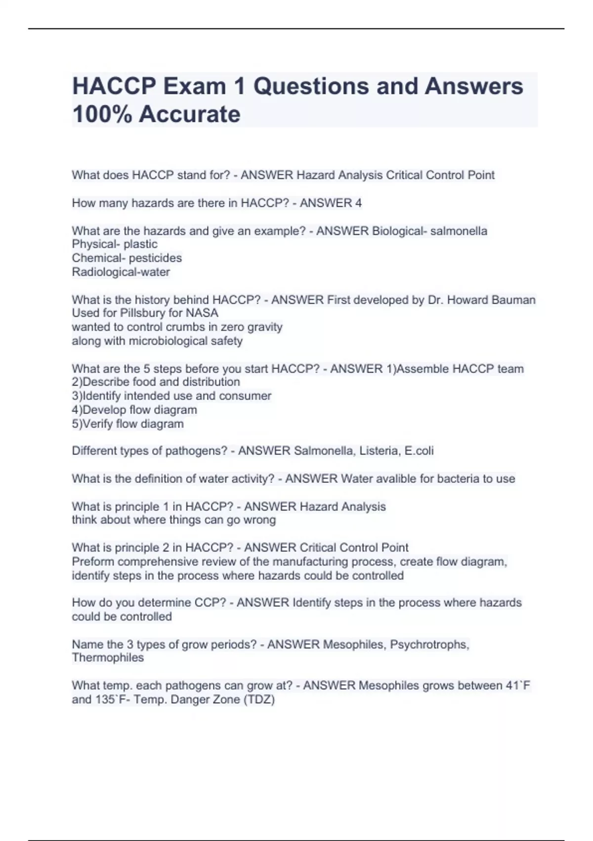 HACCP Exam 1 Questions and Answers 100 Accurate HACCP Stuvia US