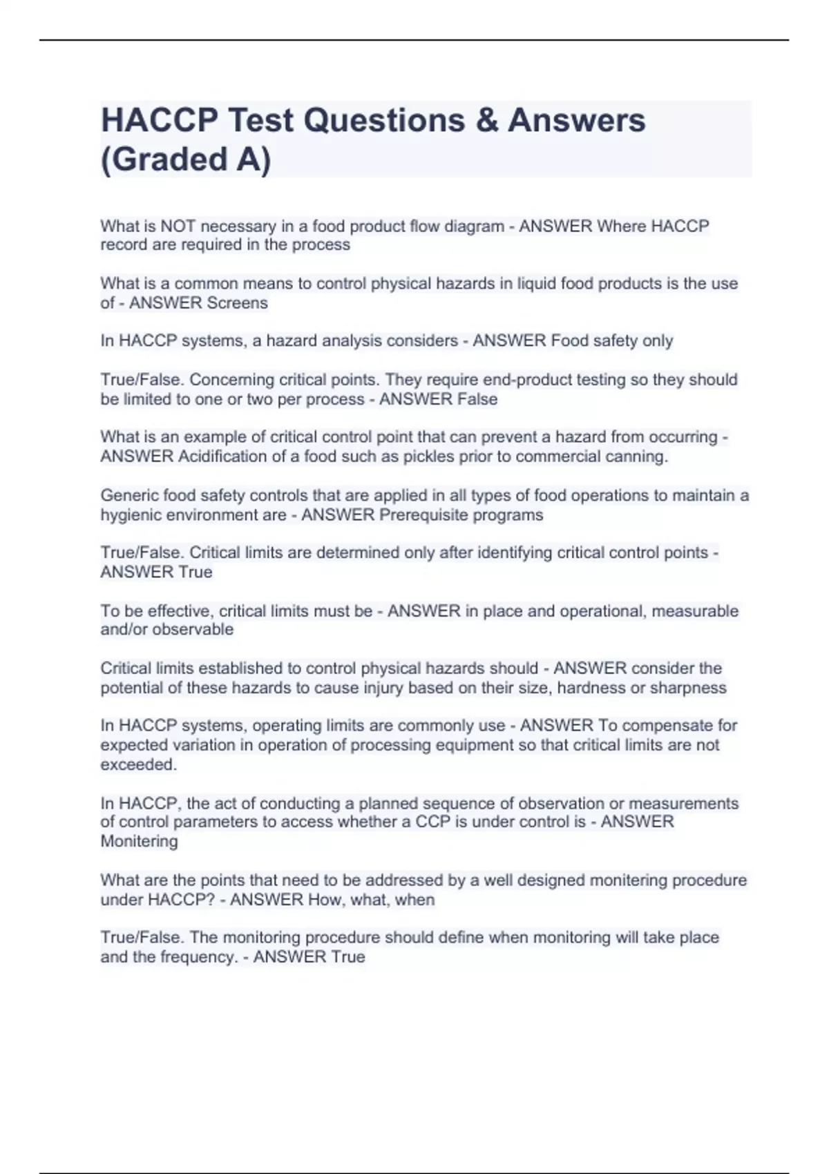 HACCP Test Questions & Answers (Graded A) HACCP Stuvia US
