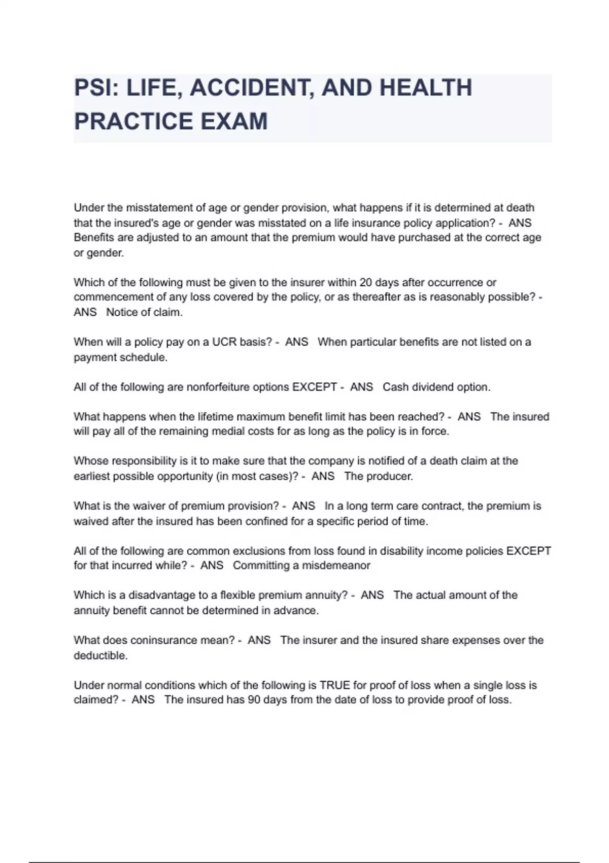 PSI LIFE, ACCIDENT, AND HEALTH PRACTICE EXAM QUESTIONS AND ANSWERS