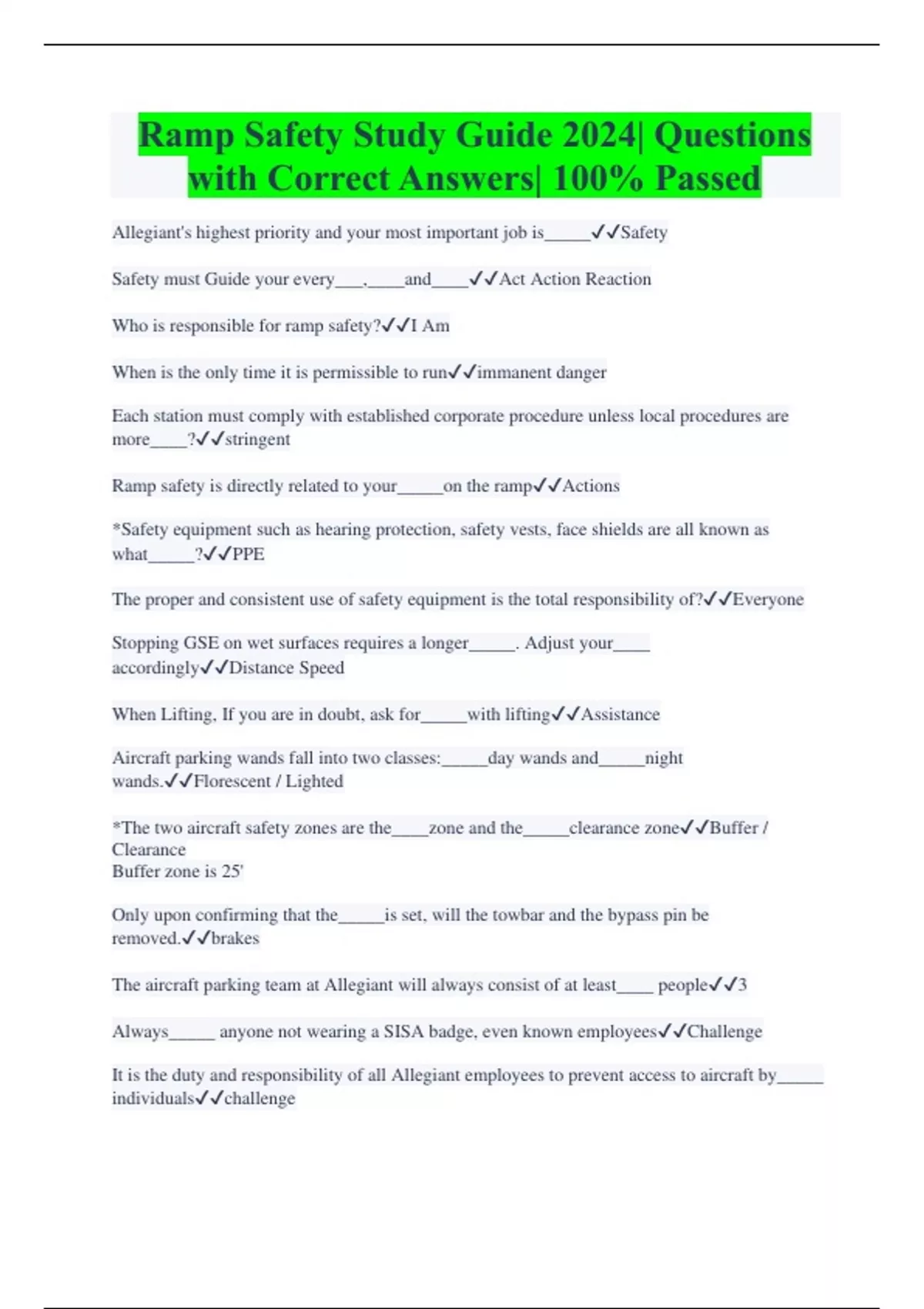 Ramp Safety Study Guide 2024 Questions with Correct Answers 100