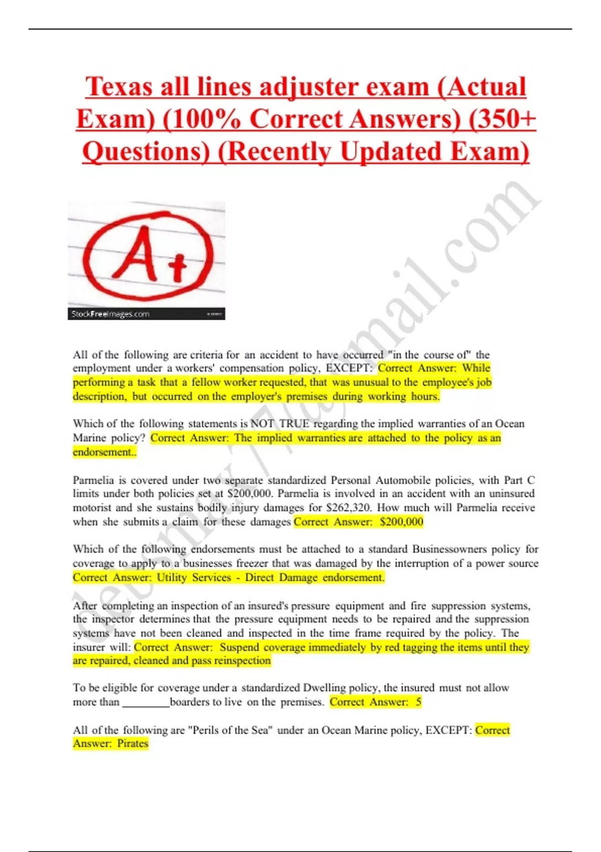 Texas all lines adjuster exam (Actual Exam) (100% Correct Answers) (350 ...