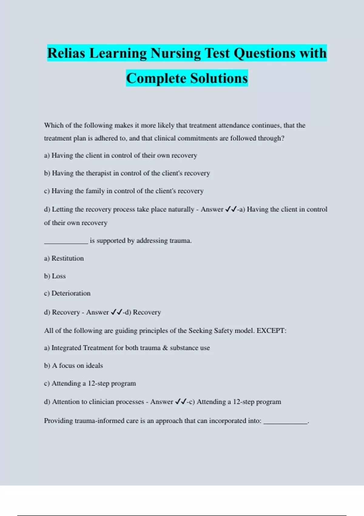 Relias Learning Nursing Test Questions with Complete Solutions - Relias