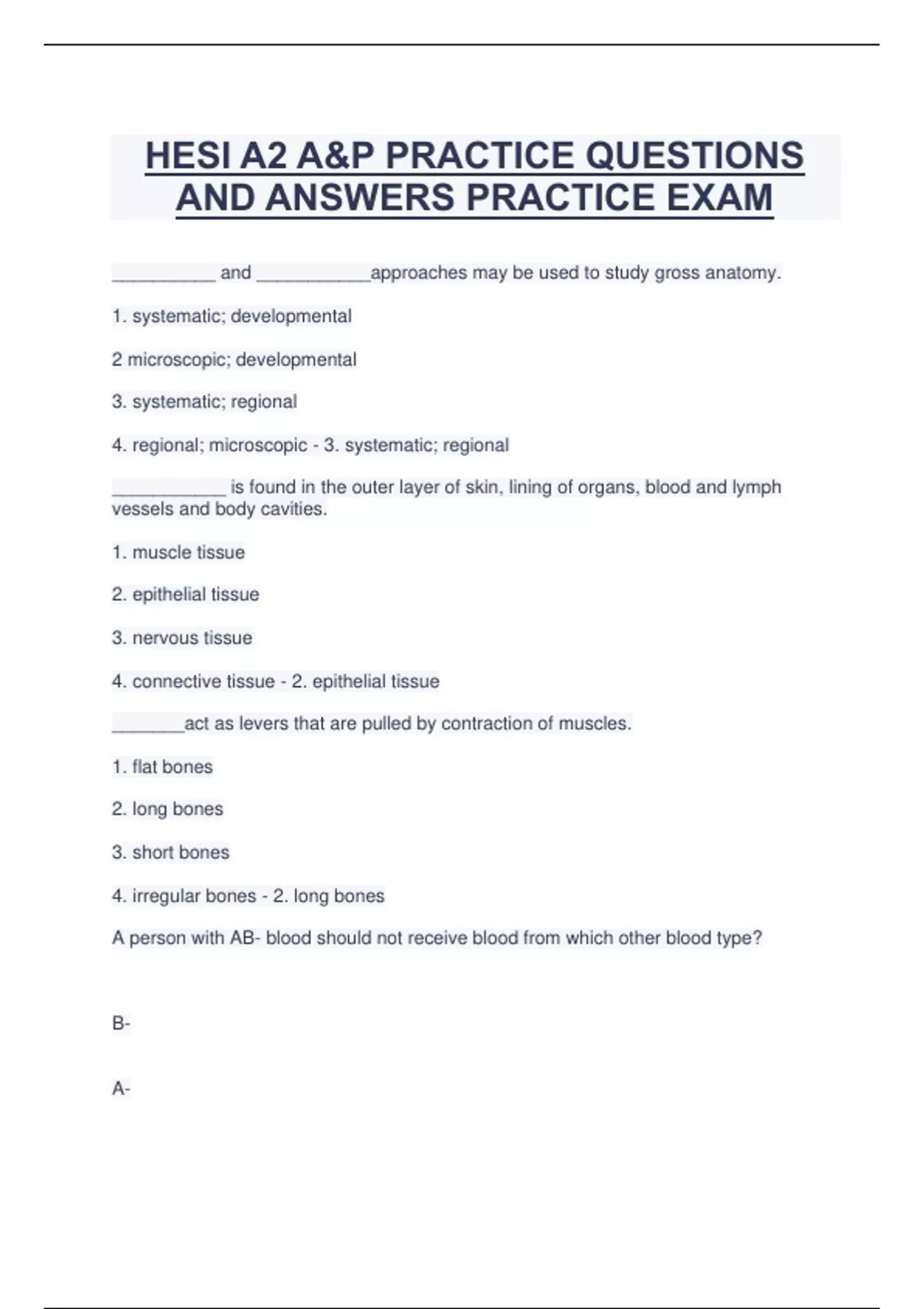 HESI A2 A&P PRACTICE QUESTIONS AND ANSWERS PRACTICE EXAM - HESI A2 ...