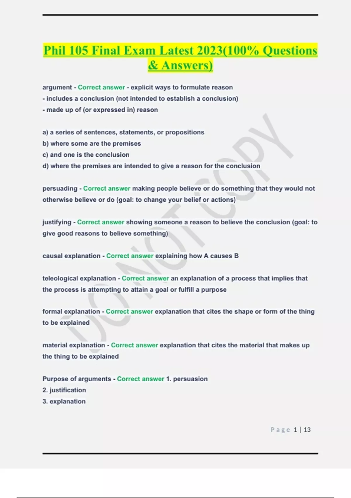 Phil 105 Final Exam Latest 2023(100% Questions & Answers). - Philosophy ...