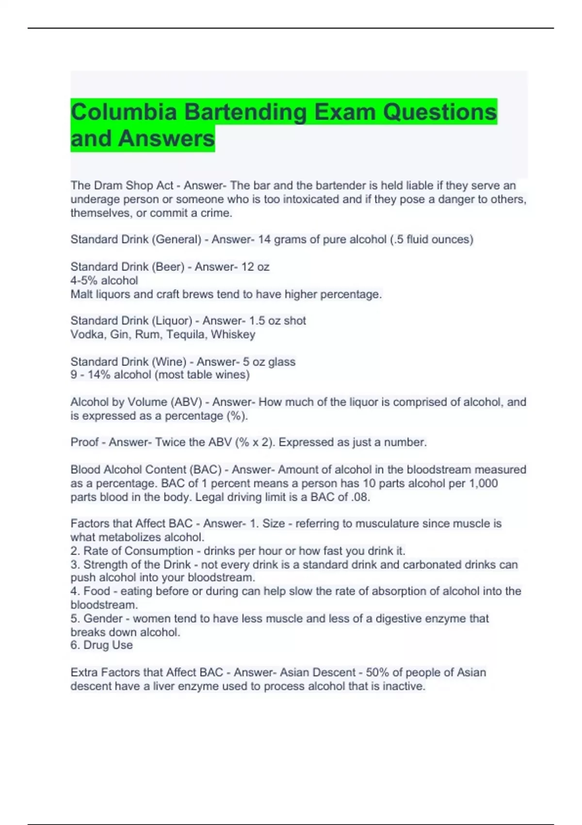 Columbia Bartending Exam Questions and Answers Columbia Bartending