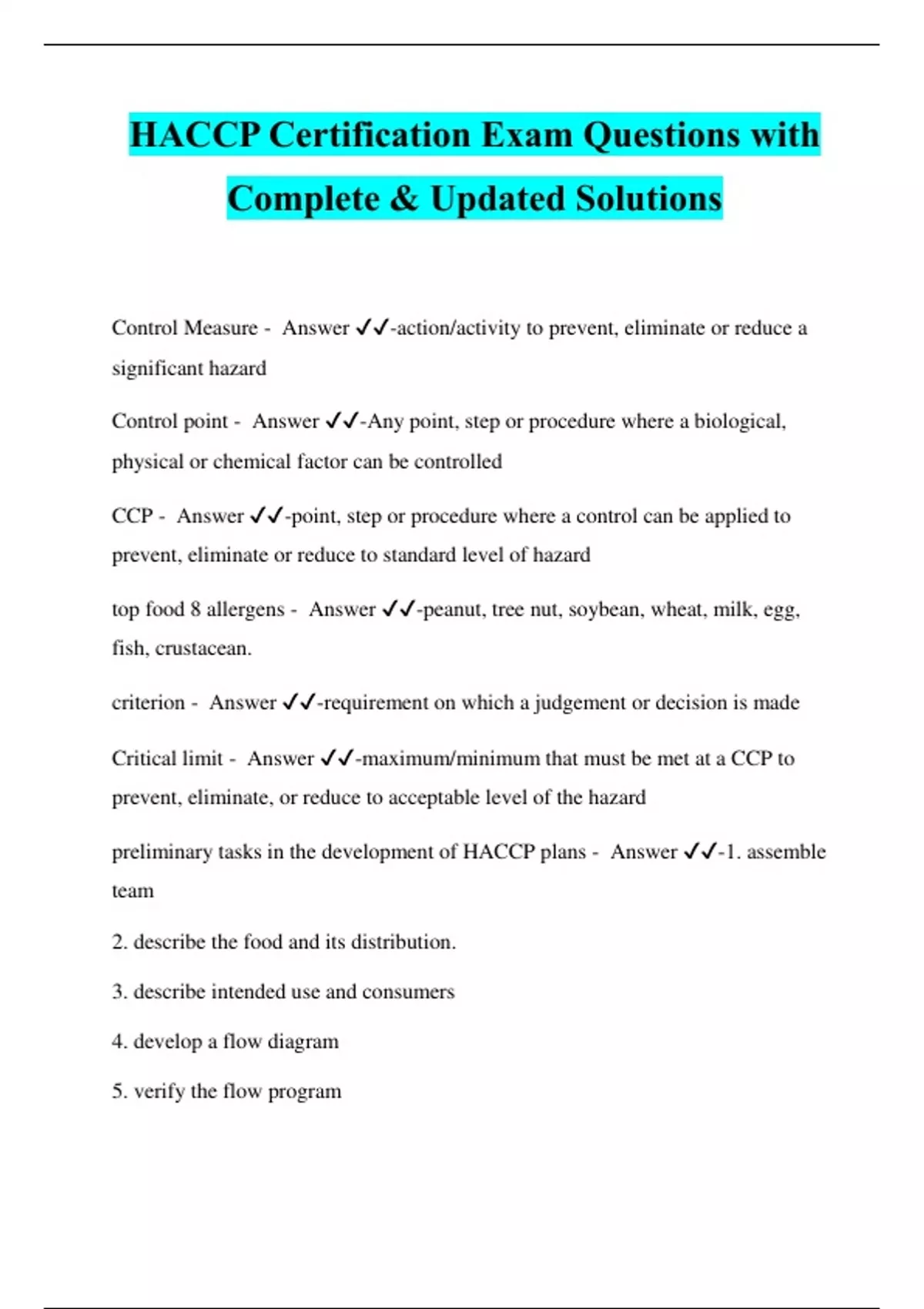 HACCP Certification Exam Questions with Complete & Updated Solutions