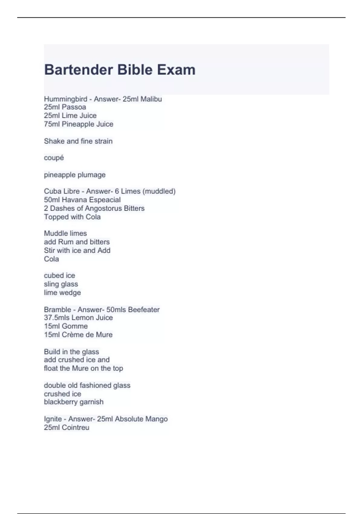 Bartender Bible Exam Questions with complete solutions Columbia