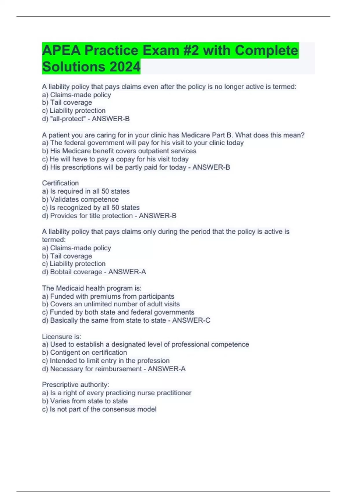 APEA Practice Exam #2 with Complete Solutions 2024 - APEA - Stuvia US
