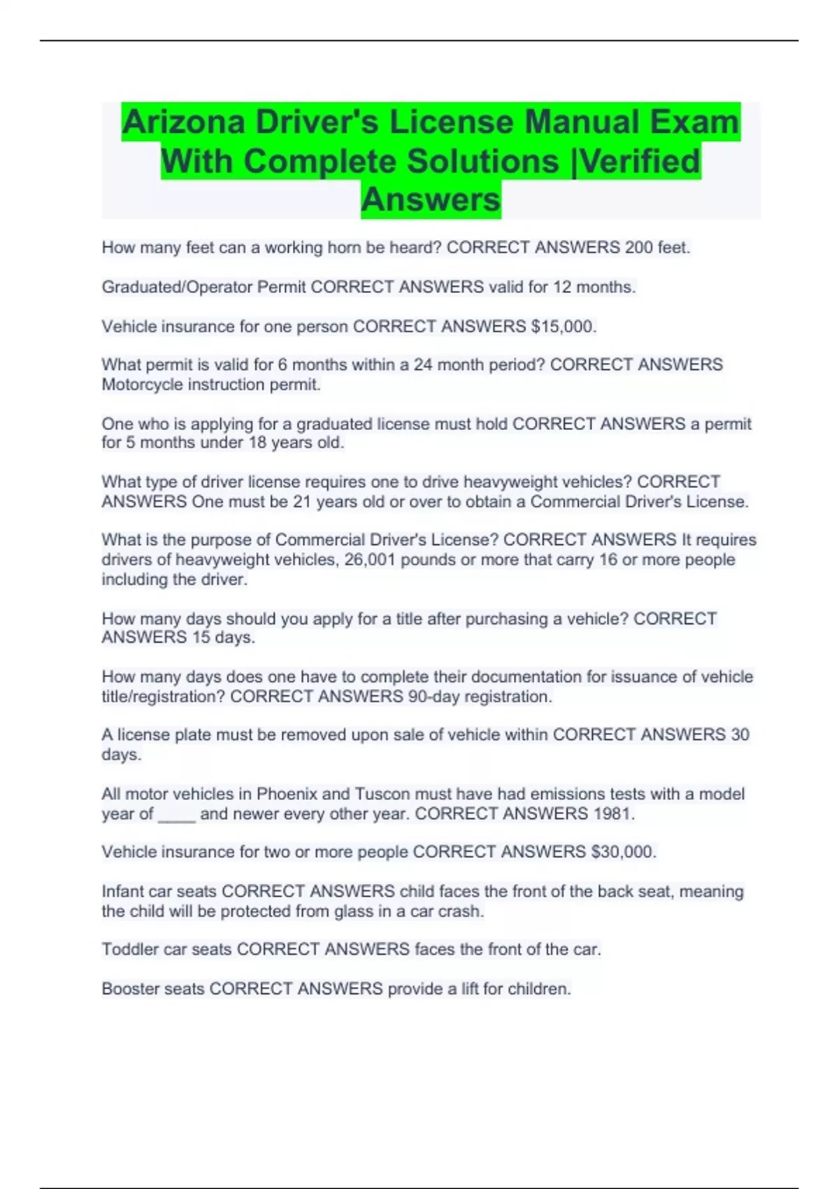 Arizona Driver's License Manual Exam With Complete Solutions Verified