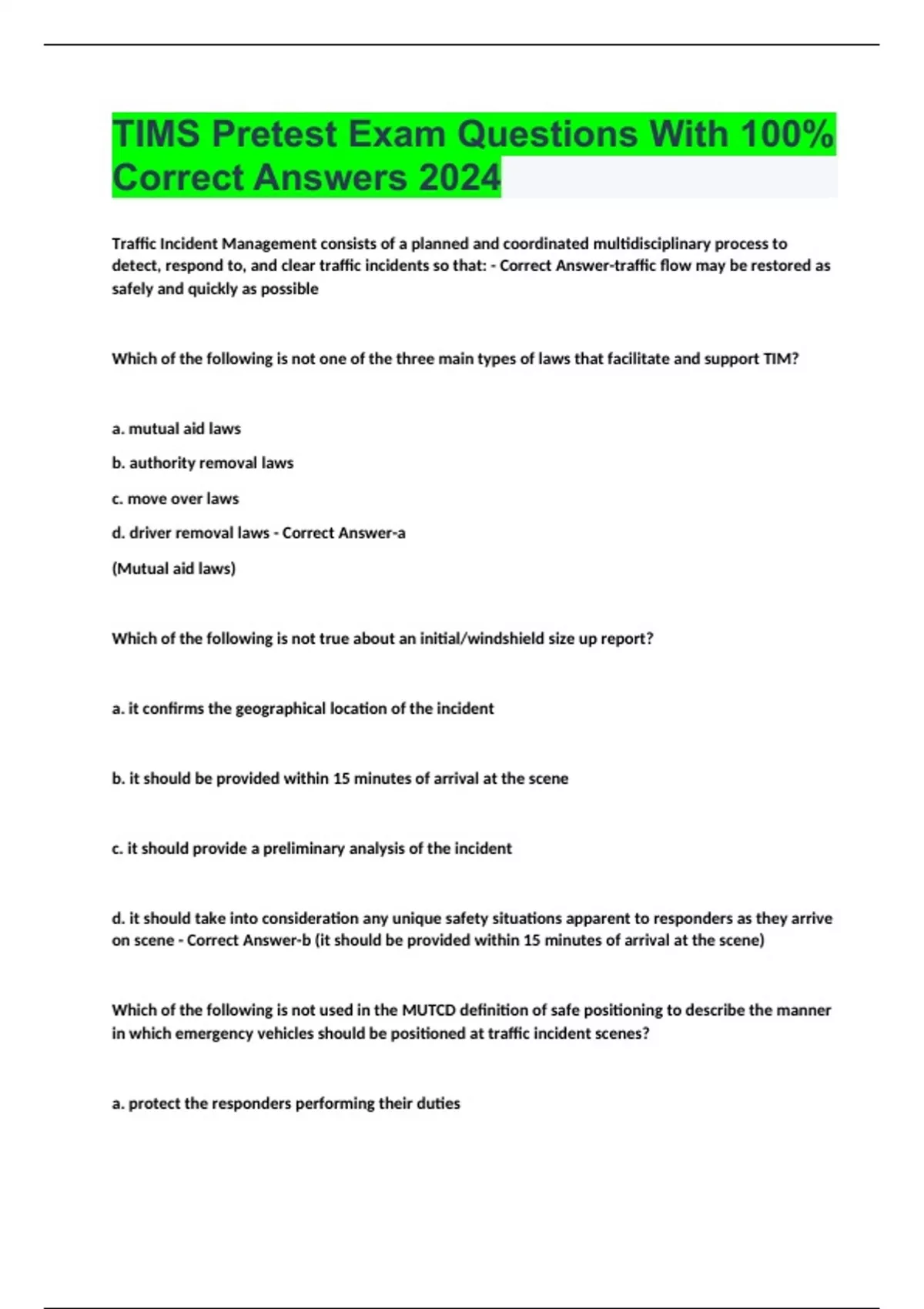 TIMS Pretest Exam Questions With 100 Correct Answers 2024 TIMS