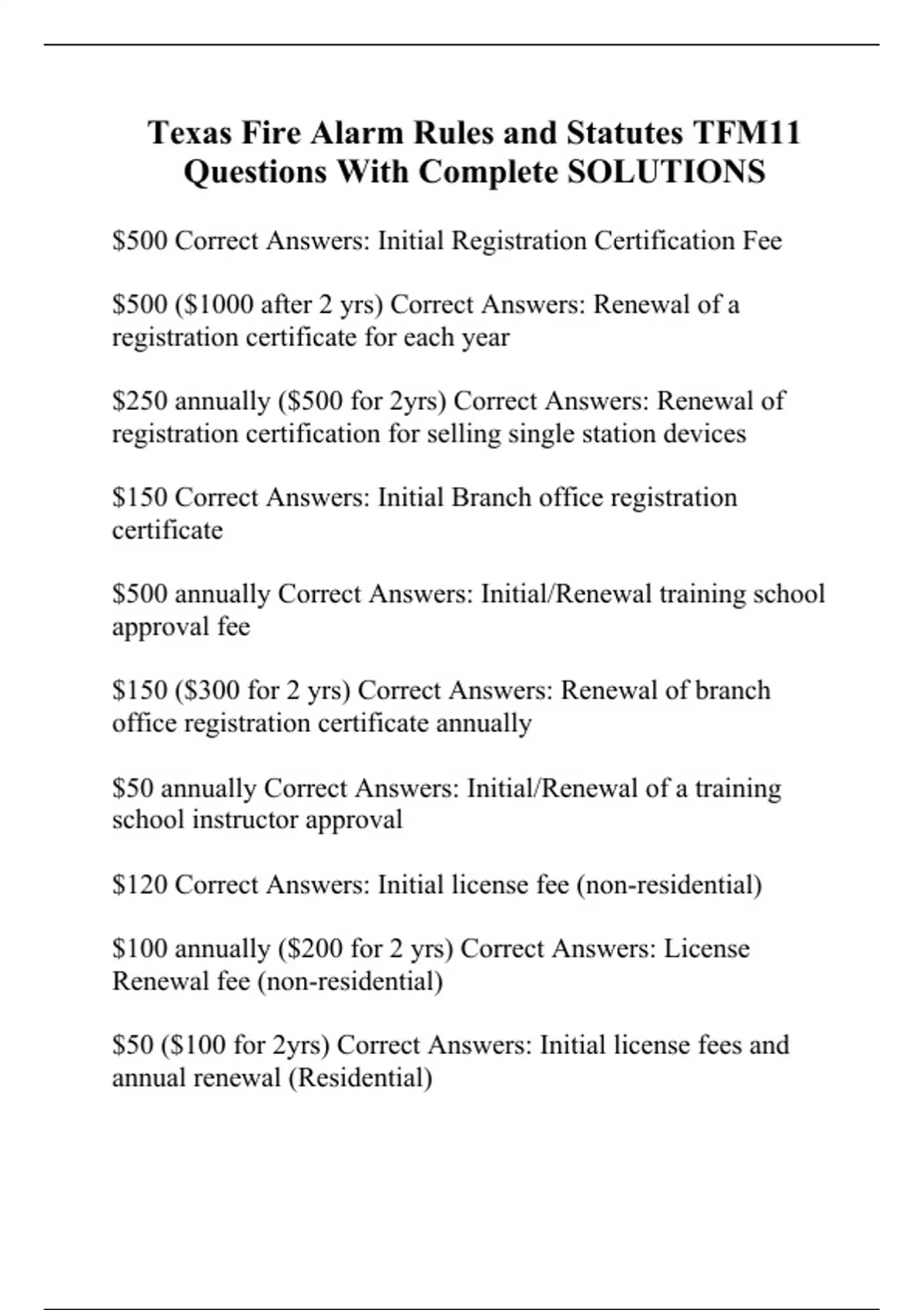 Texas Fire Alarm Rules and Statutes TFM11 Questions With Complete