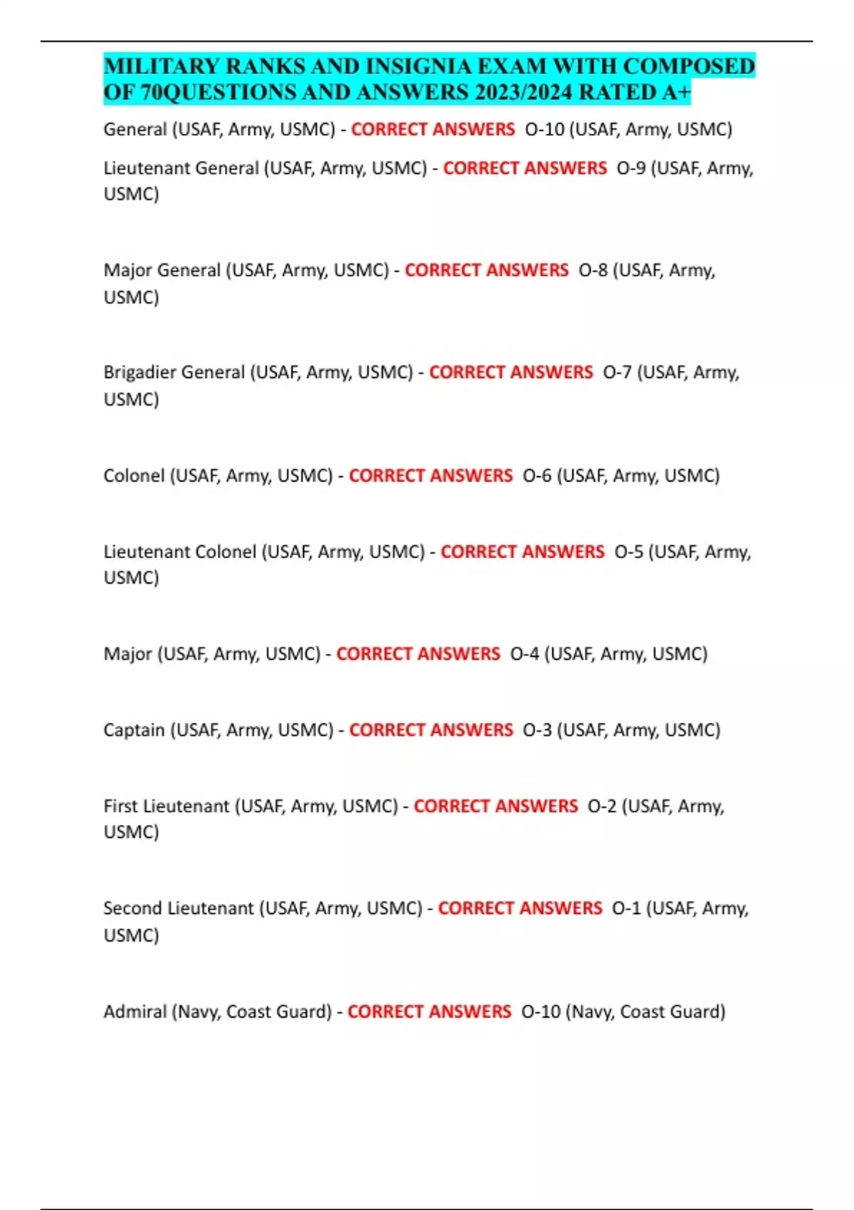 Summary MILITARY RANKS AND INSIGNIA EXAM WITH COMPOSED OF 70QUESTIONS ...