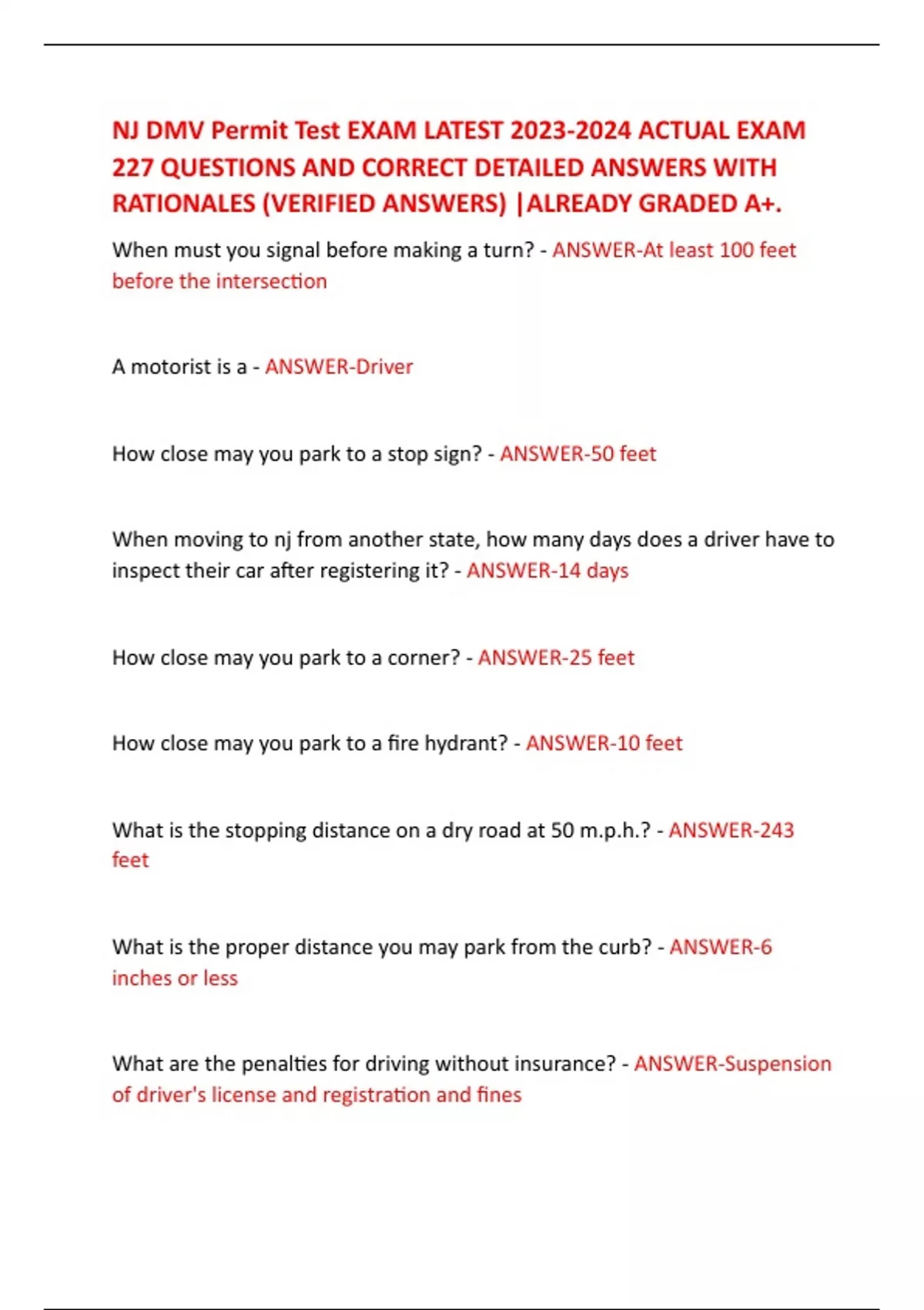 Nj Examination Permit Example NJ DMV Permit Test EXAM LATEST ACTUAL EXAM 227 QUESTIONS AND CORRECT ...