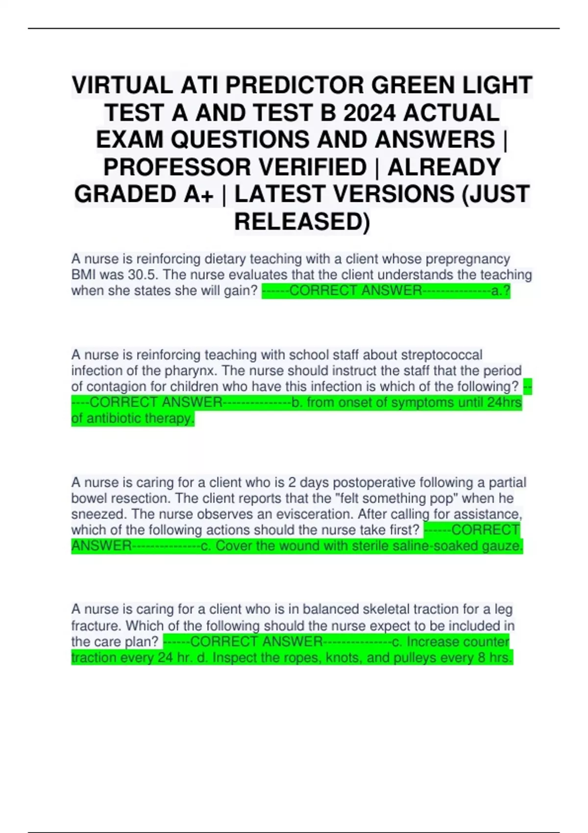 VIRTUAL ATI PREDICTOR GREEN LIGHT TEST A AND TEST B 2024 ACTUAL EXAM