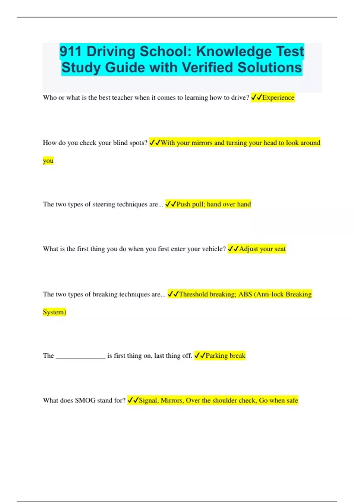 911 Driving School Knowledge Test Study Guide with Verified Solutions