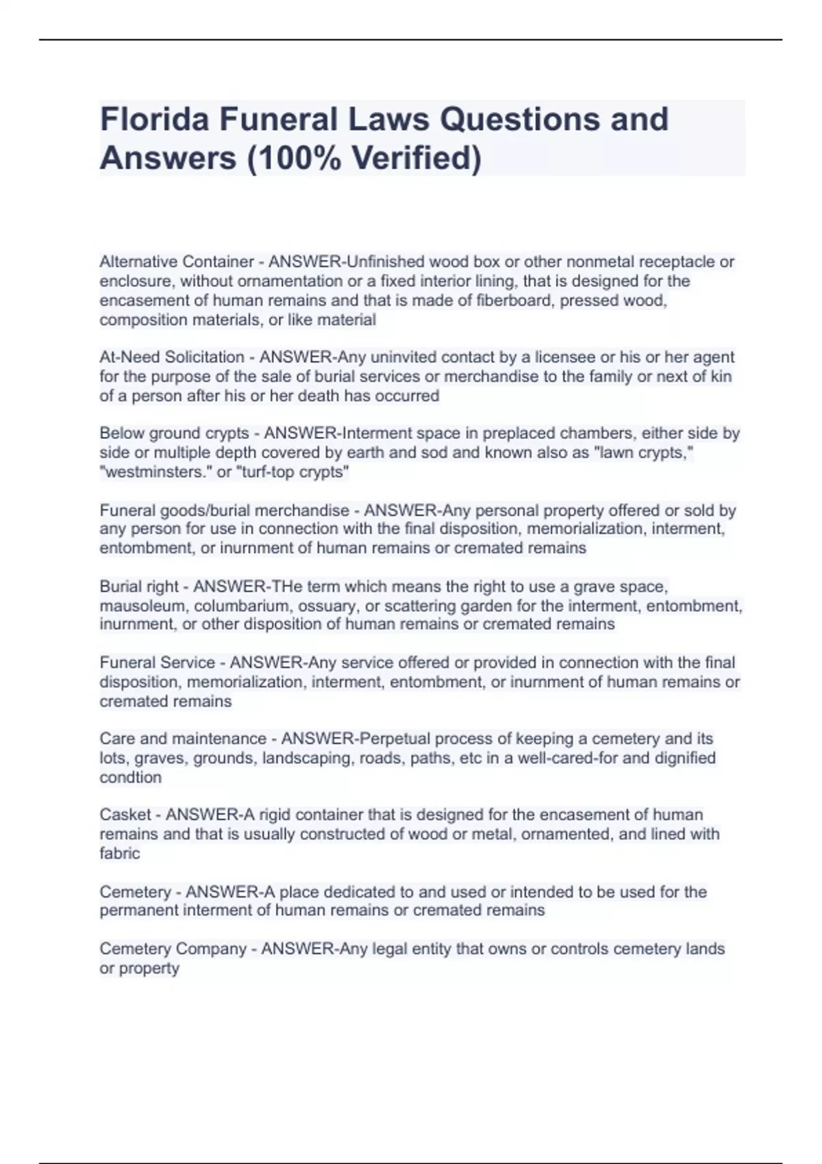 Florida Funeral Laws (SPC FSE2080 Review for Final Exam) Questions and