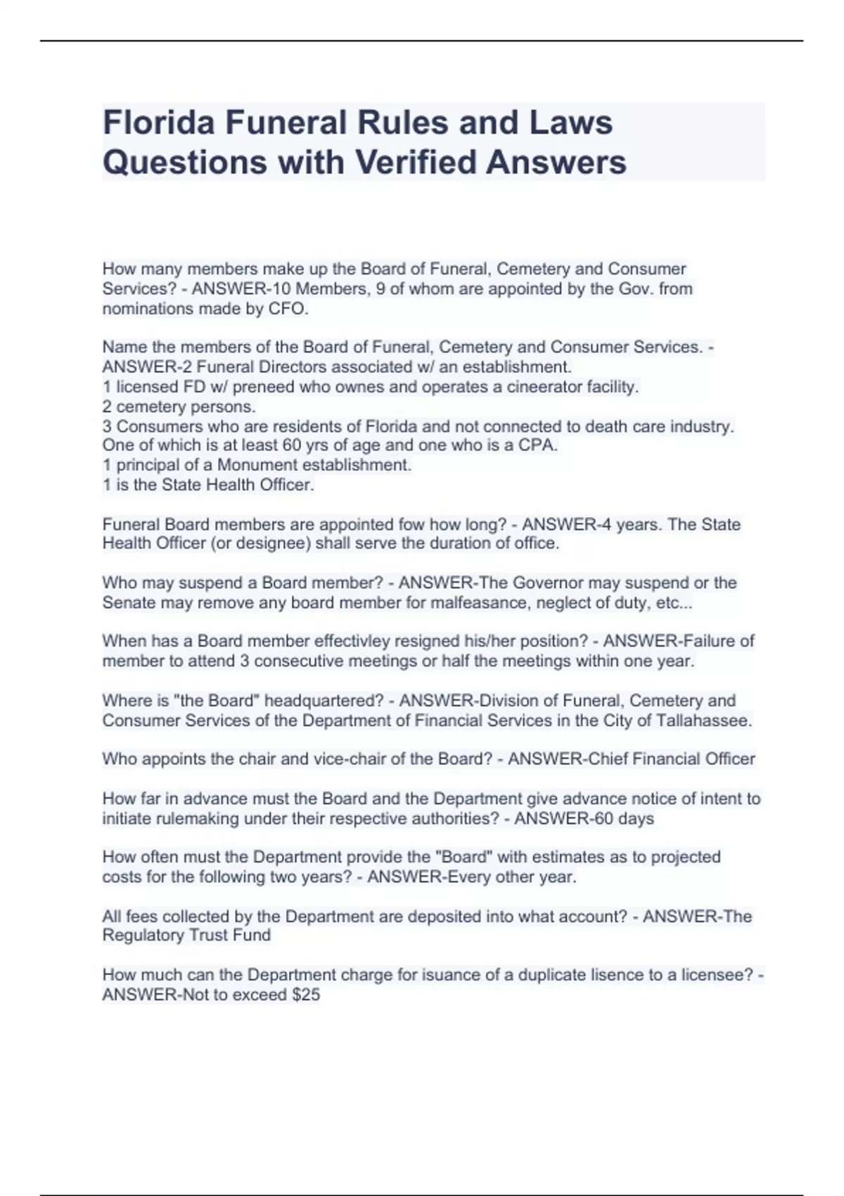 Florida Funeral Rules and Laws Questions with Verified Answers