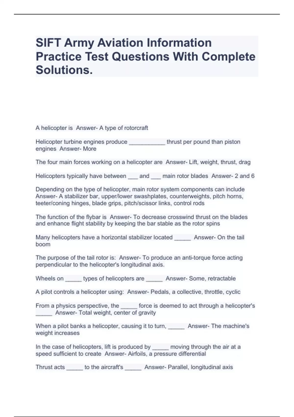 SIFT Army Aviation Information Practice Test Questions With Complete