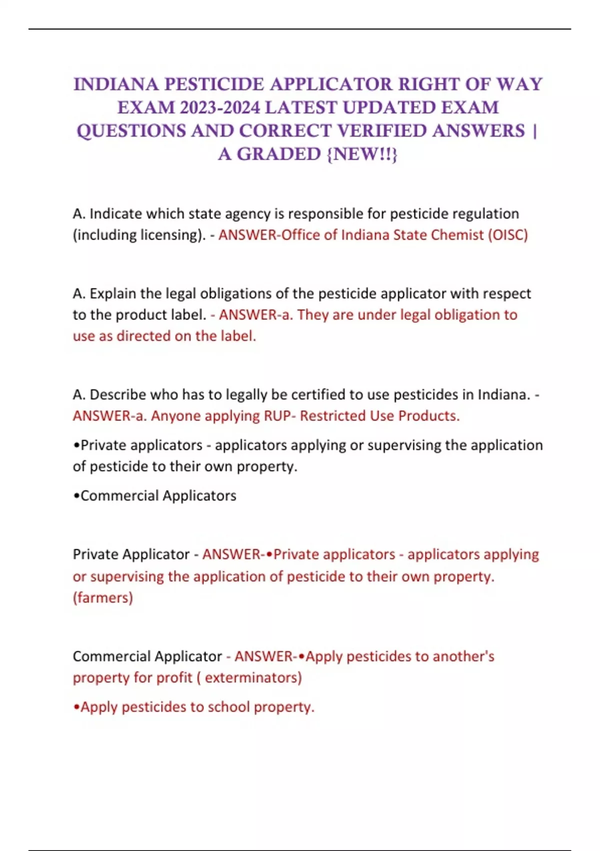 INDIANA PESTICIDE APPLICATOR RIGHT OF WAY EXAM LATEST UPDATED EXAM