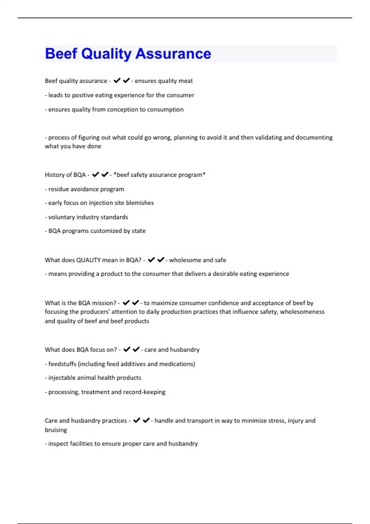 Beef Quality Assurance Questions & Answers Already Graded A + Beef