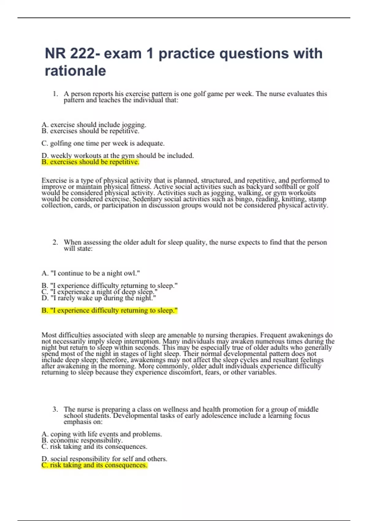 NR 222- exam 1 practice questions with rationale - NR 222 - Stuvia US