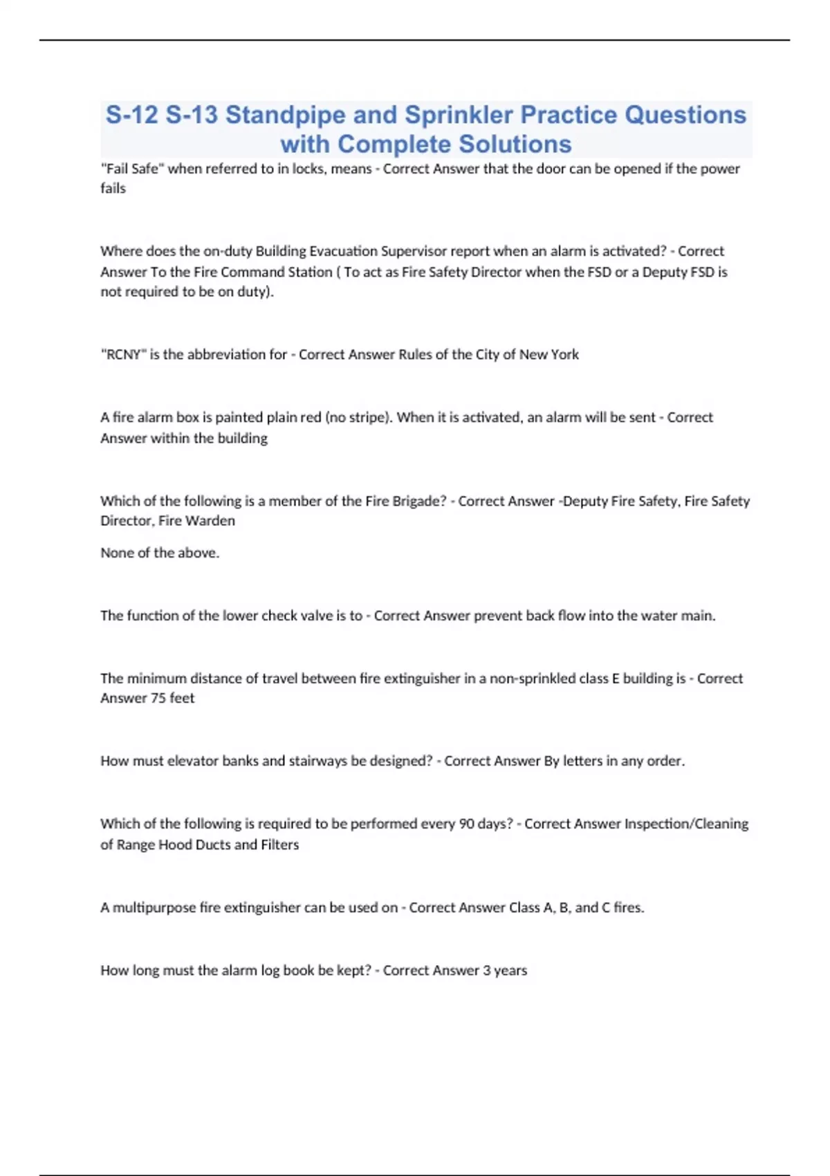 S12 S13 Standpipe and Sprinkler Practice Questions with Complete