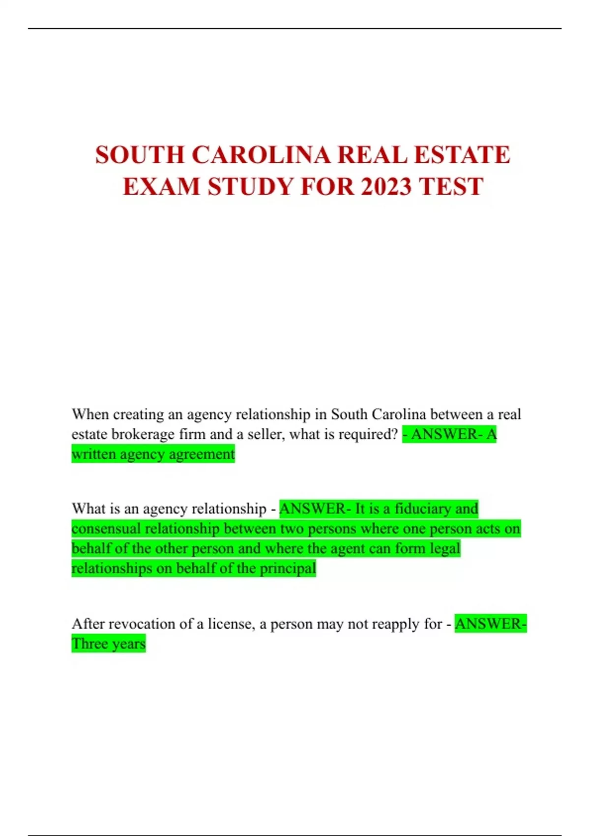 SOUTH CAROLINA REAL ESTATE EXAM STUDY FOR 2023 TEST SOUTH CAROLINA