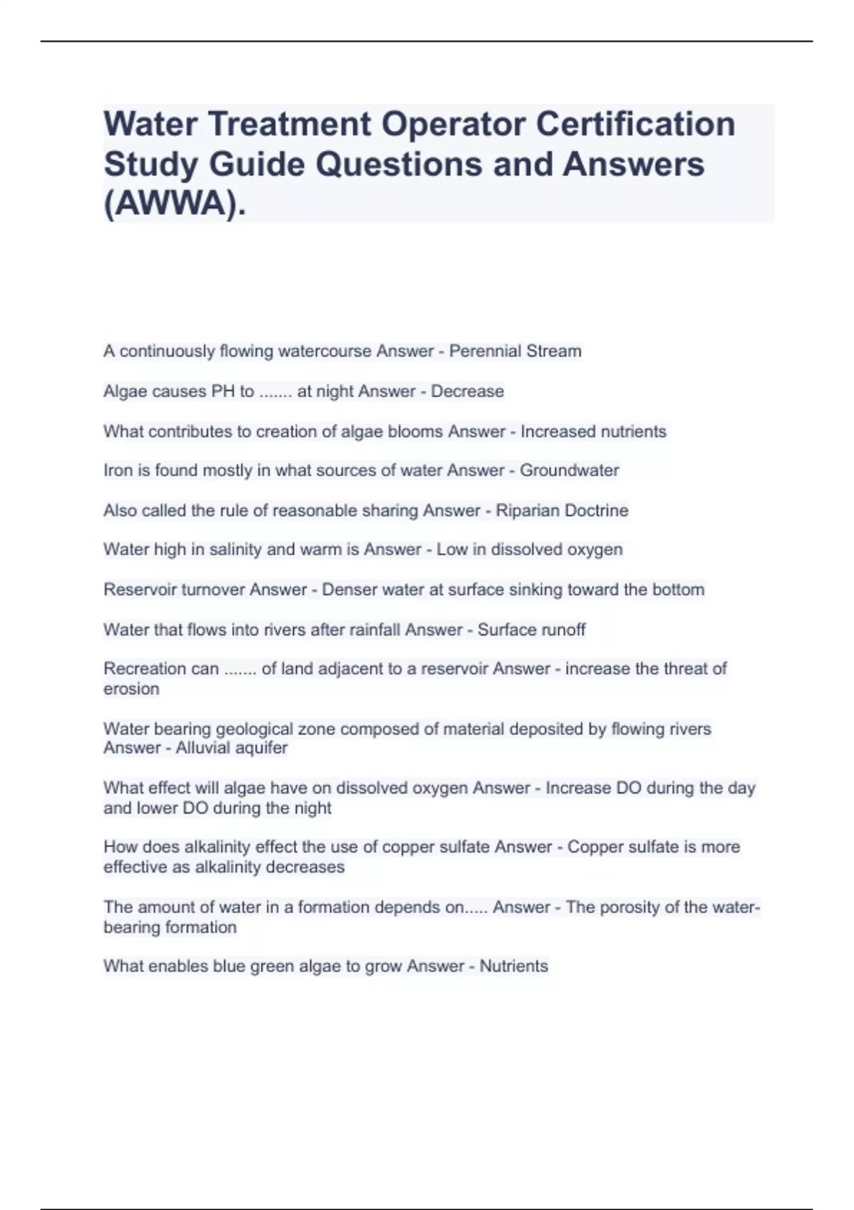 Water Treatment Operator Certification Study Guide Questions and