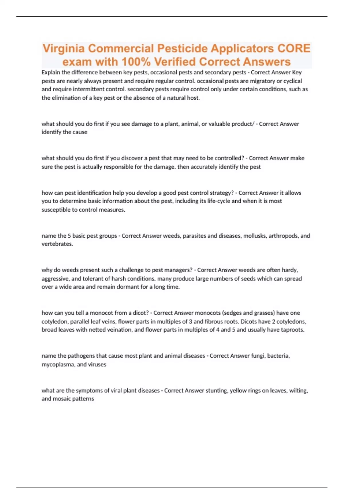 Virginia Commercial Pesticide Applicators CORE exam with 100 Verified