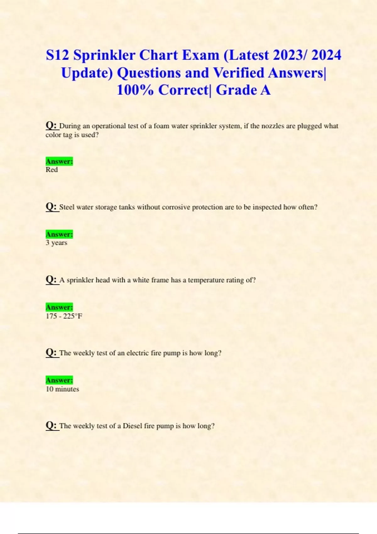 S12 Sprinkler Chart Exam (Latest 2023/ 2024 Update) Questions and