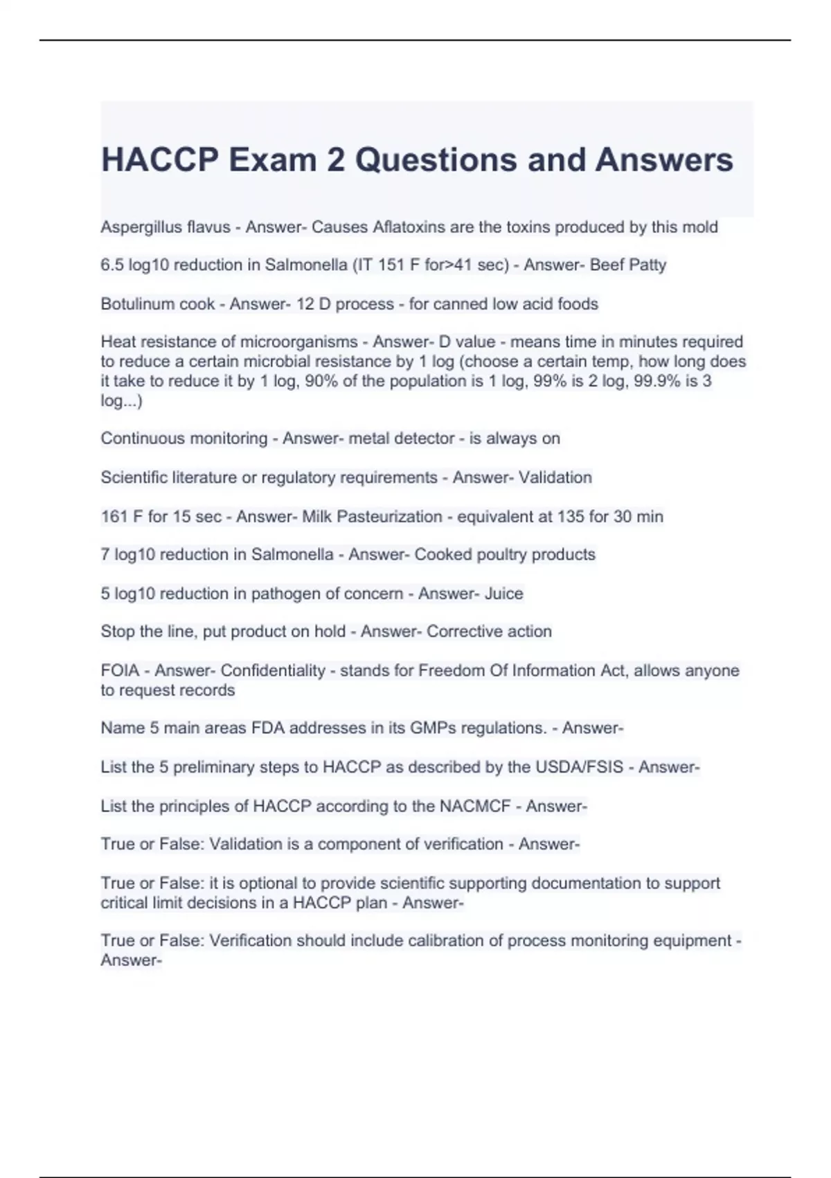 HACCP Exam 2 Questions and Answers Graded A HACCP Stuvia US