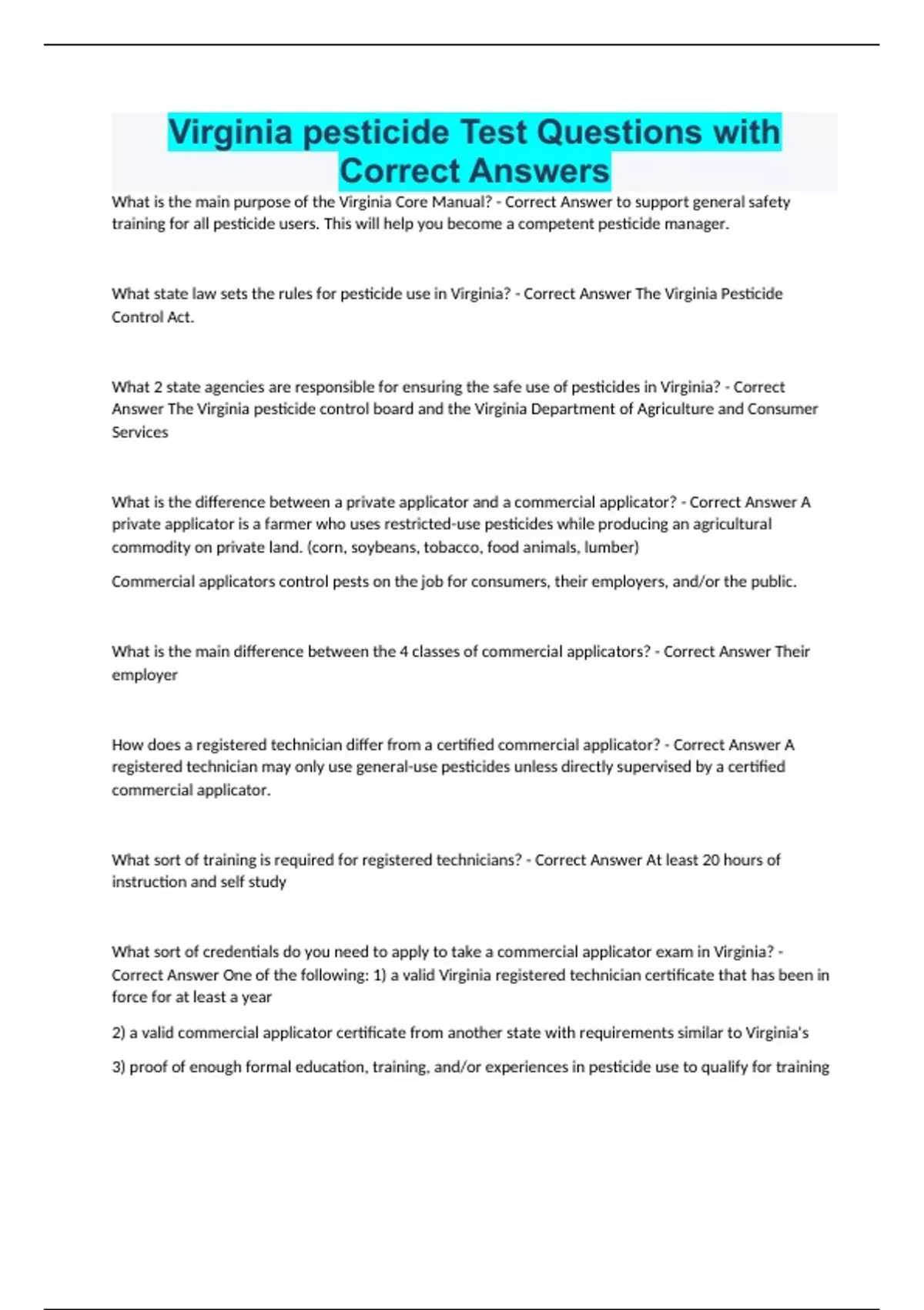 Virginia pesticide Test Questions with Correct Answers Virginia