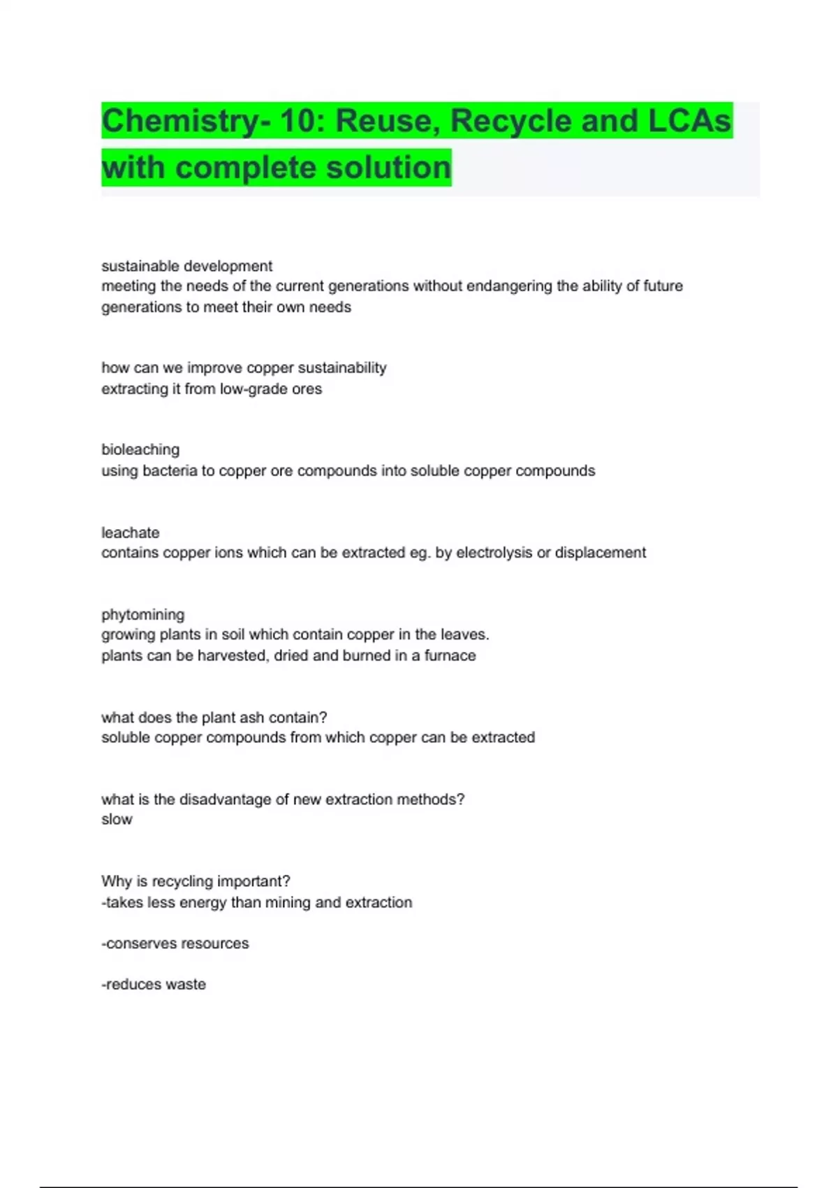 Chemistry- 10: Reuse, Recycle and LCAs with complete solution ...