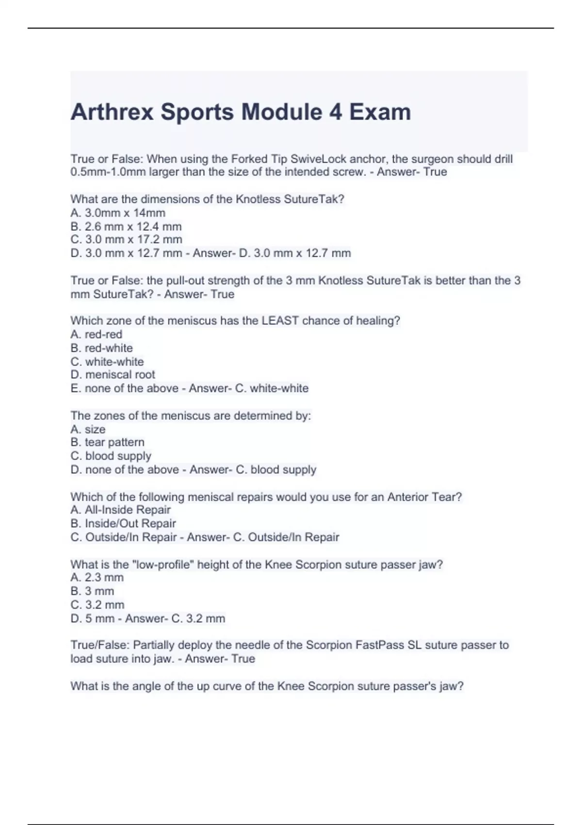 Arthrex Sports Module 4 Exam Questions and Answers 100 correct