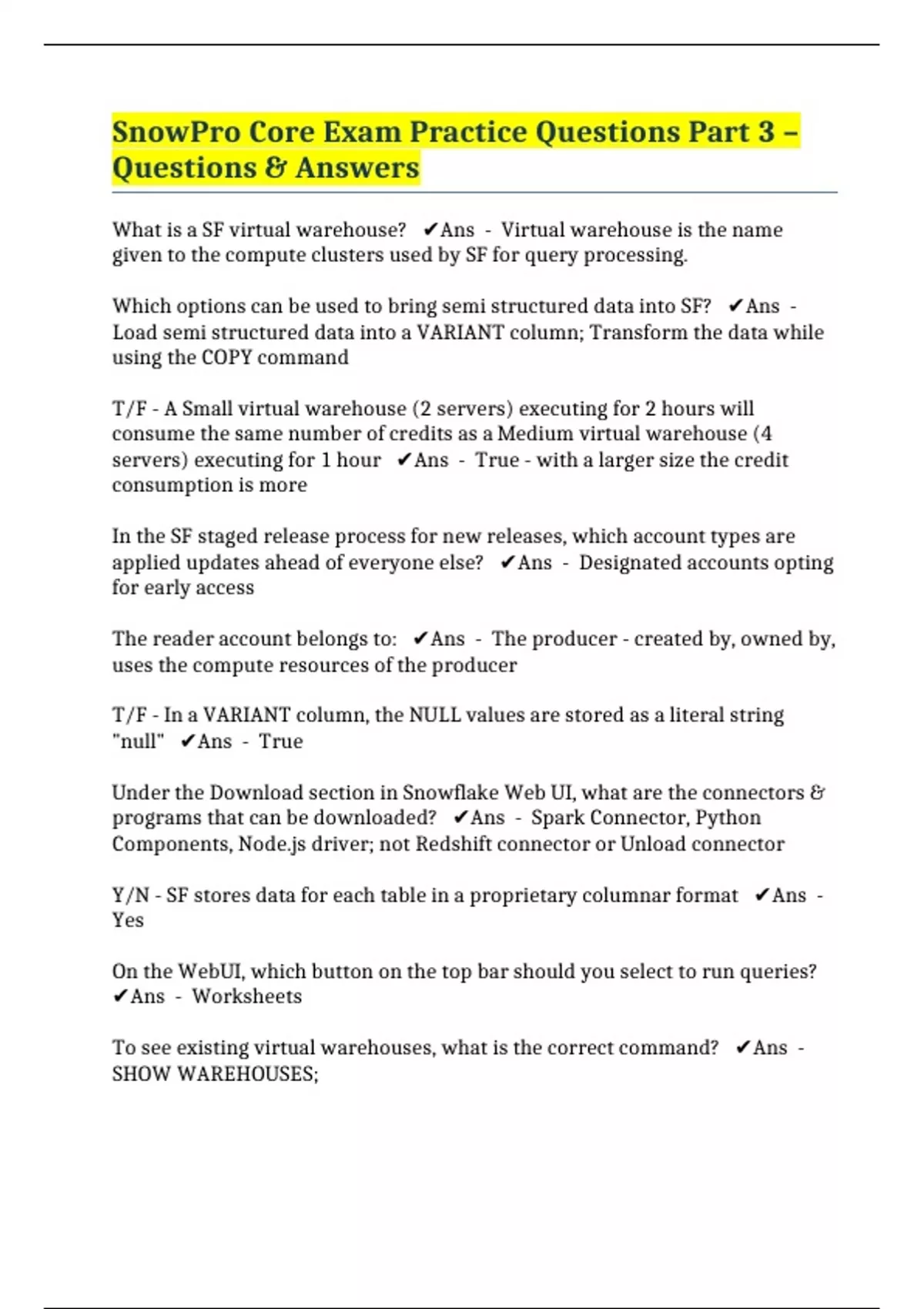 SnowPro Core Exam Practice Questions Part 3 Questions & Answers