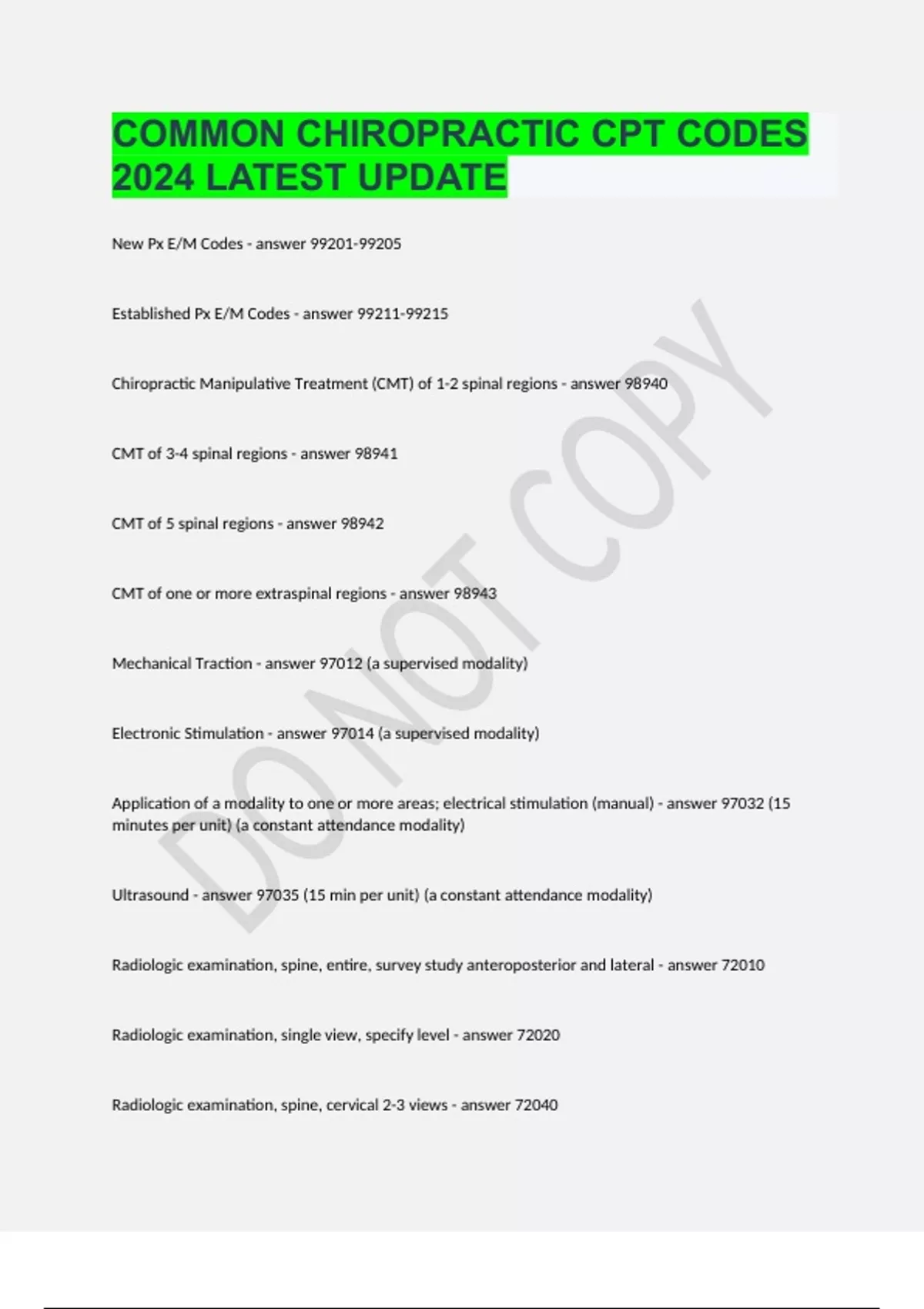 COMMON CHIROPRACTIC CPT CODES 2024 LATEST UPDATE Cmt Stuvia US