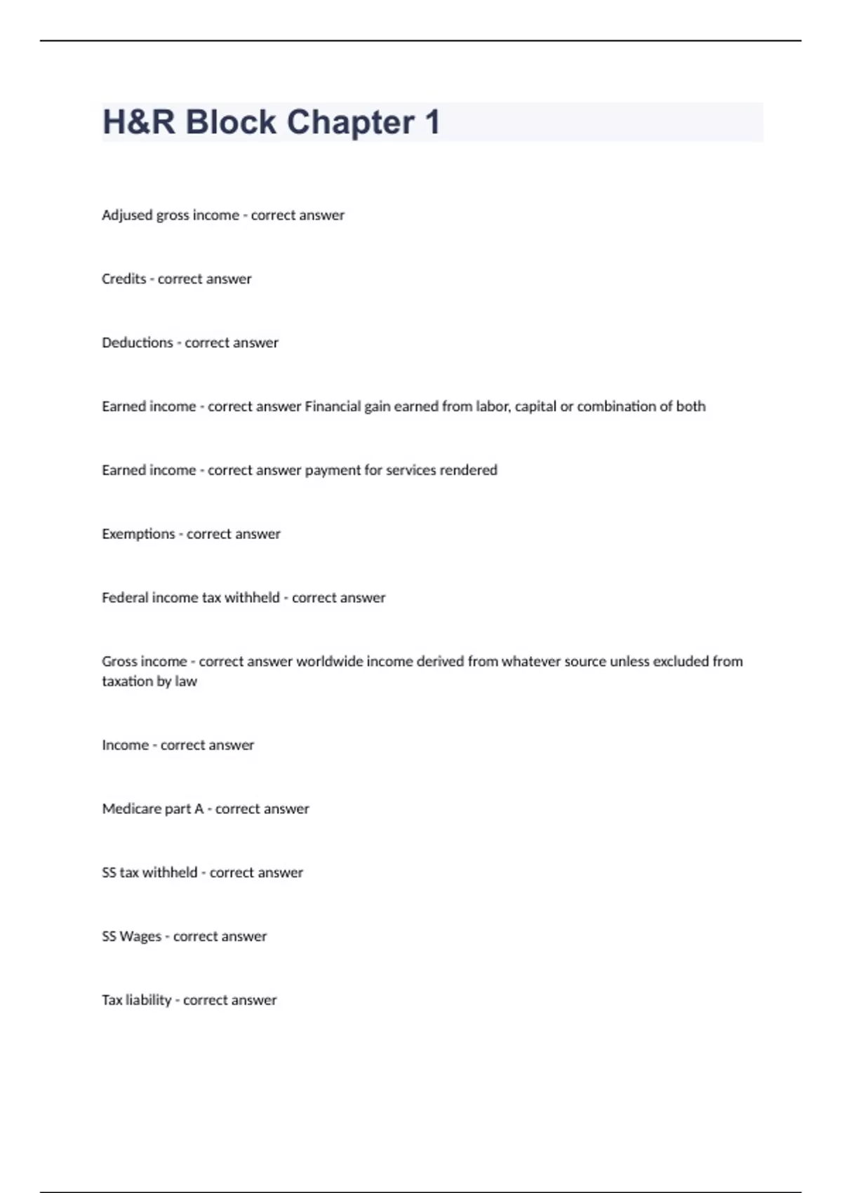 H&R Block Chapter 1 Question and answers correctly solved 2023/2024 ...