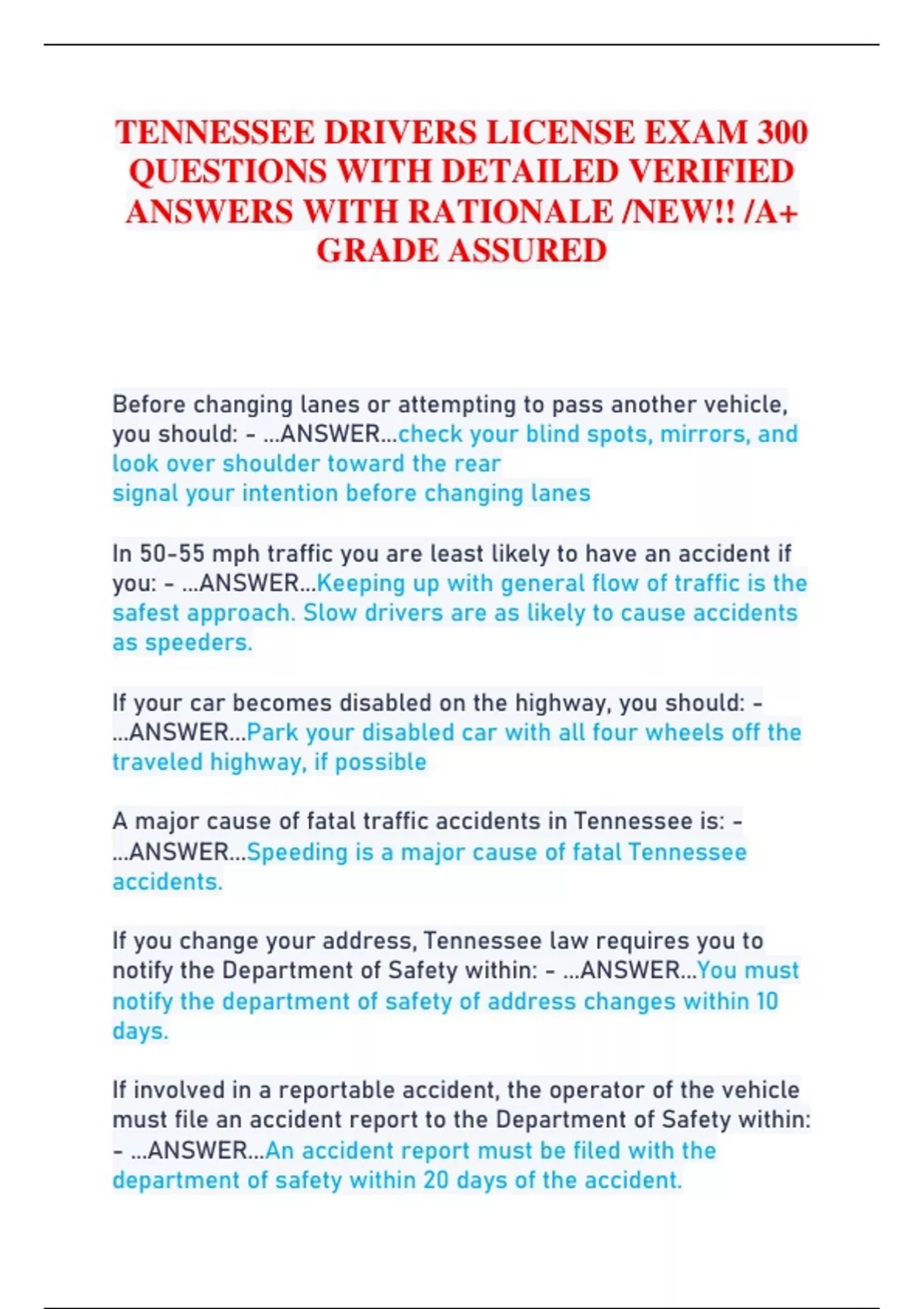 TENNESSEE DRIVERS LICENSE EXAM 300 QUESTIONS WITH DETAILED VERIFIED