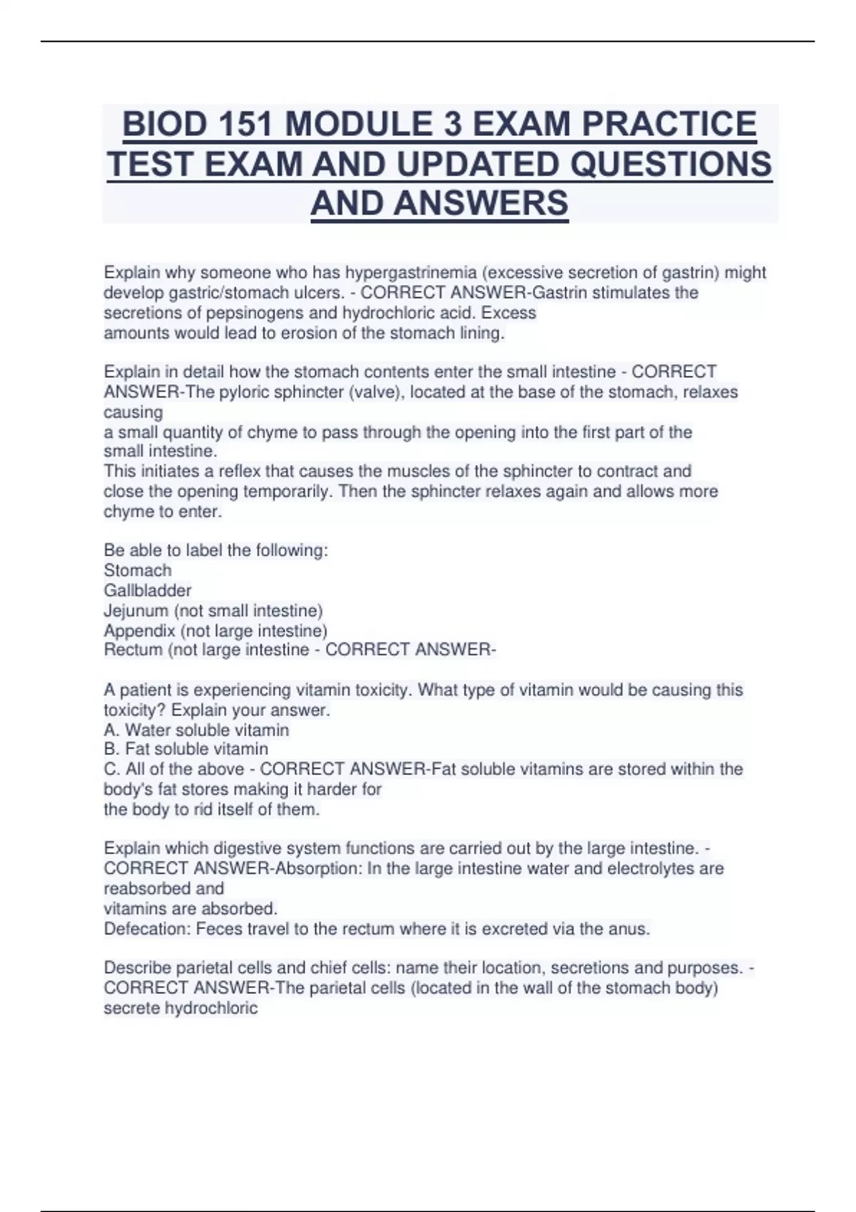 BIOD 151 MODULE 3 EXAM PRACTICE TEST EXAM AND UPDATED QUESTIONS AND ...