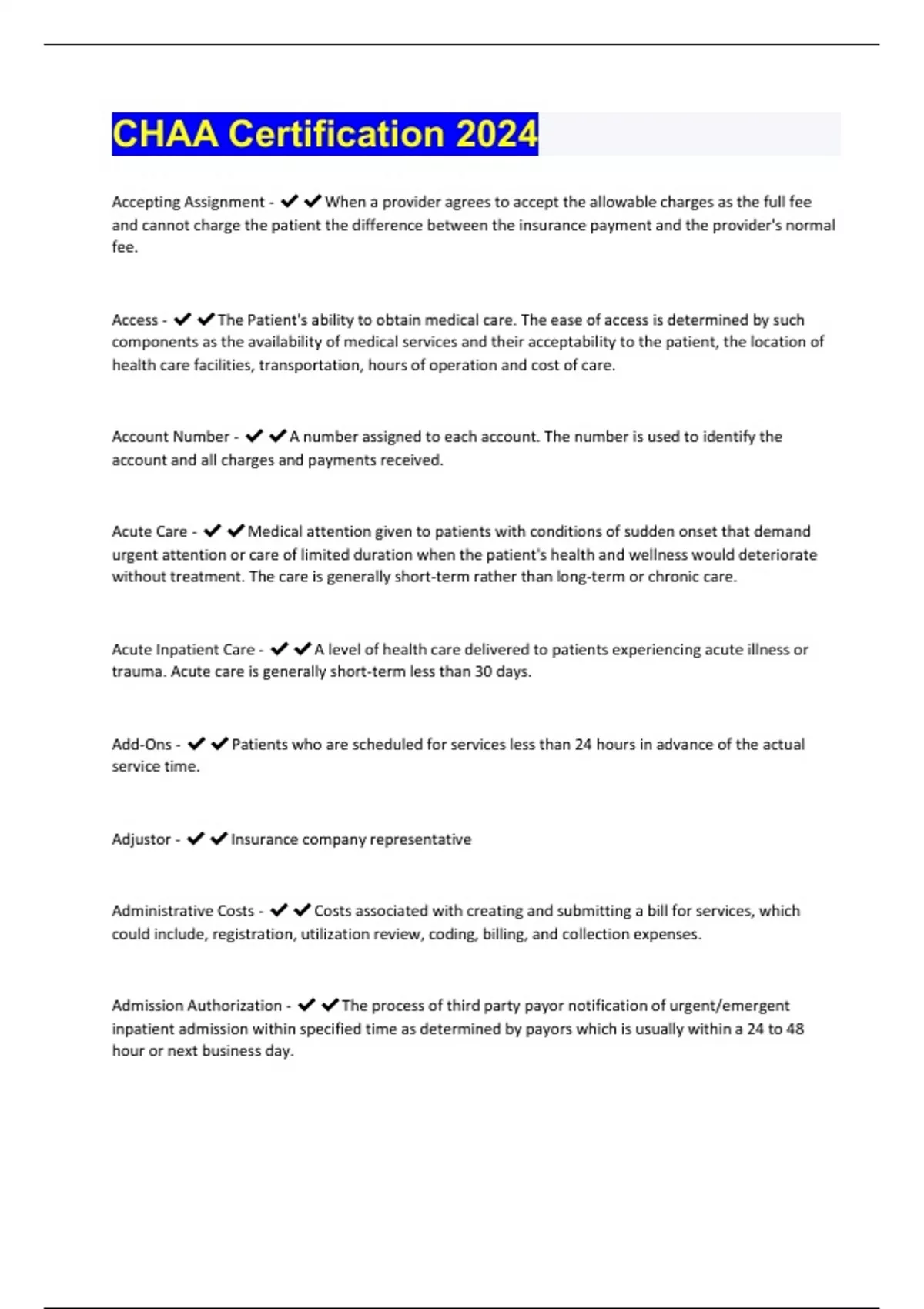 CHAA Certification Questions With 100% Correct Answers Updated 2024