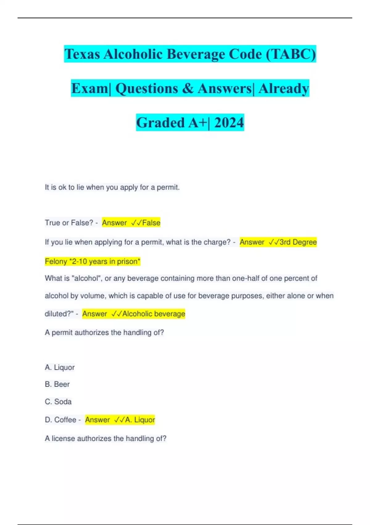 Texas Alcoholic Beverage Code (TABC) Exam Questions & Answers Already