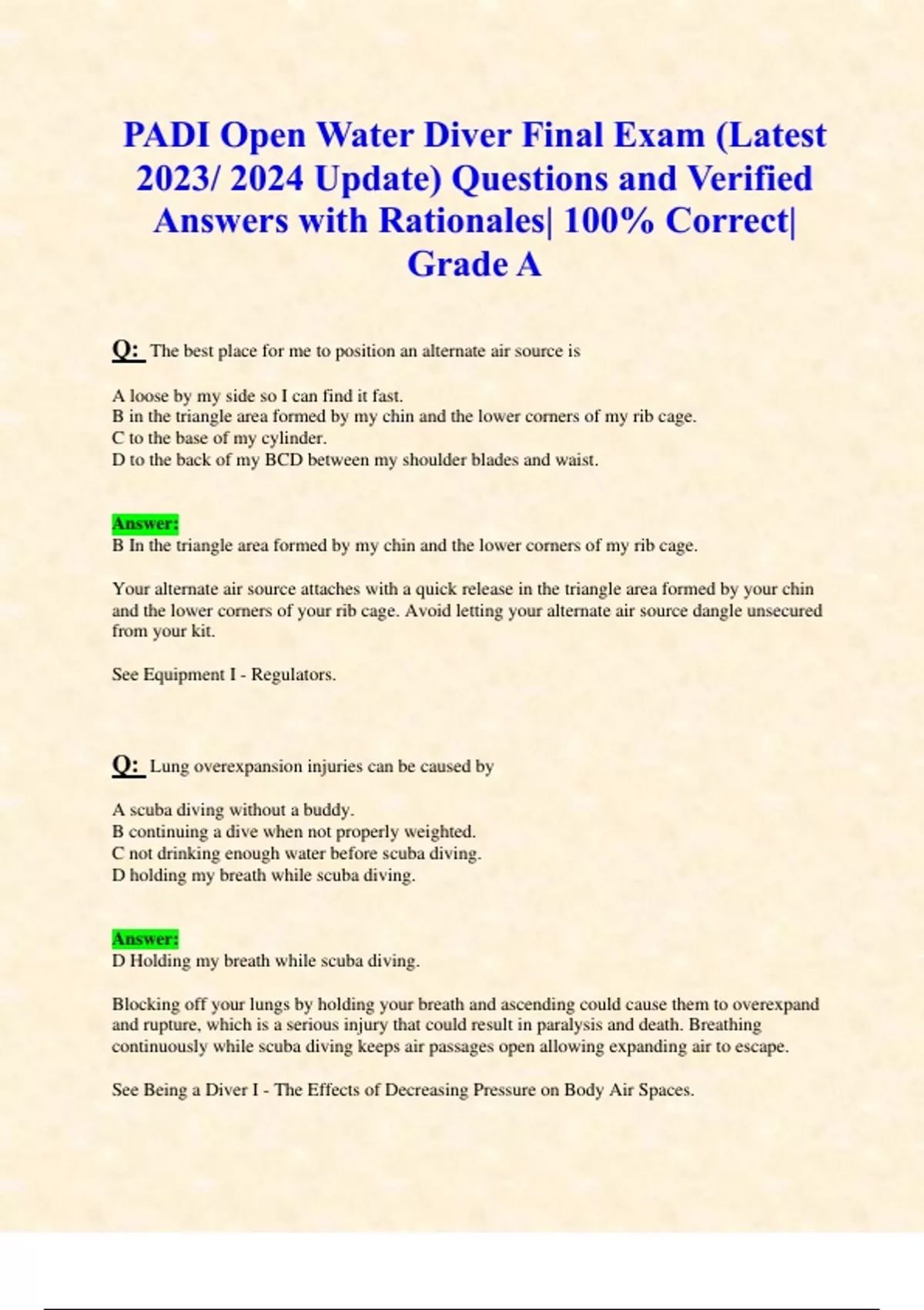 PADI Open Water Diver Final Exams (Latest 2023/ 2024 Updates STUDY