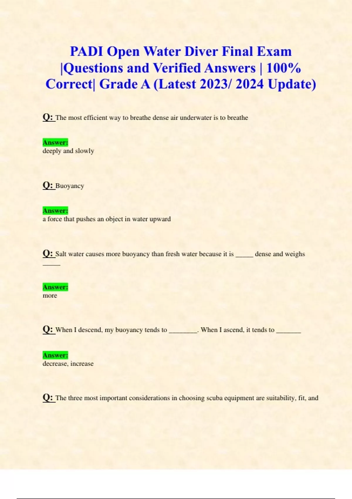 PADI Open Water Diver Final Exam Questions and Verified Answers 100