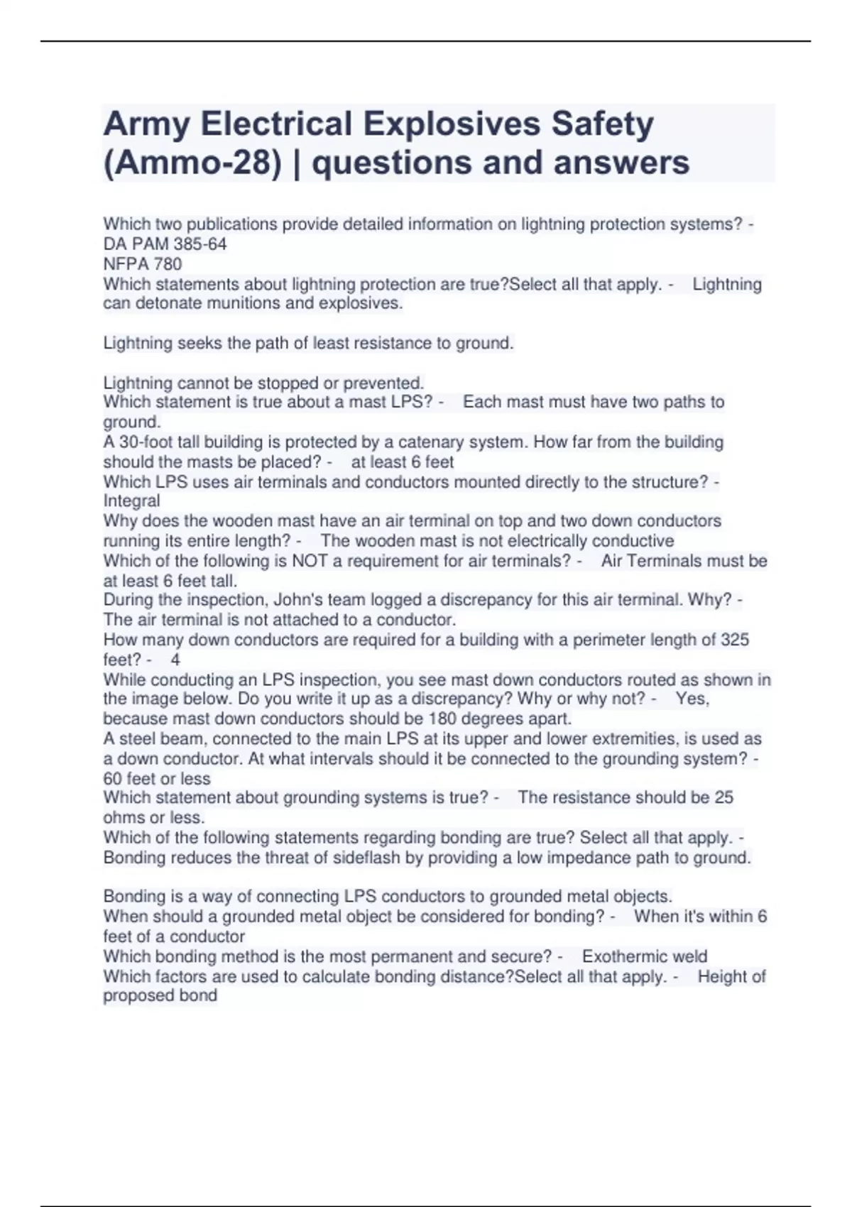 Army Electrical Explosives Safety (Ammo28) questions and answers Army Electrical Explosives