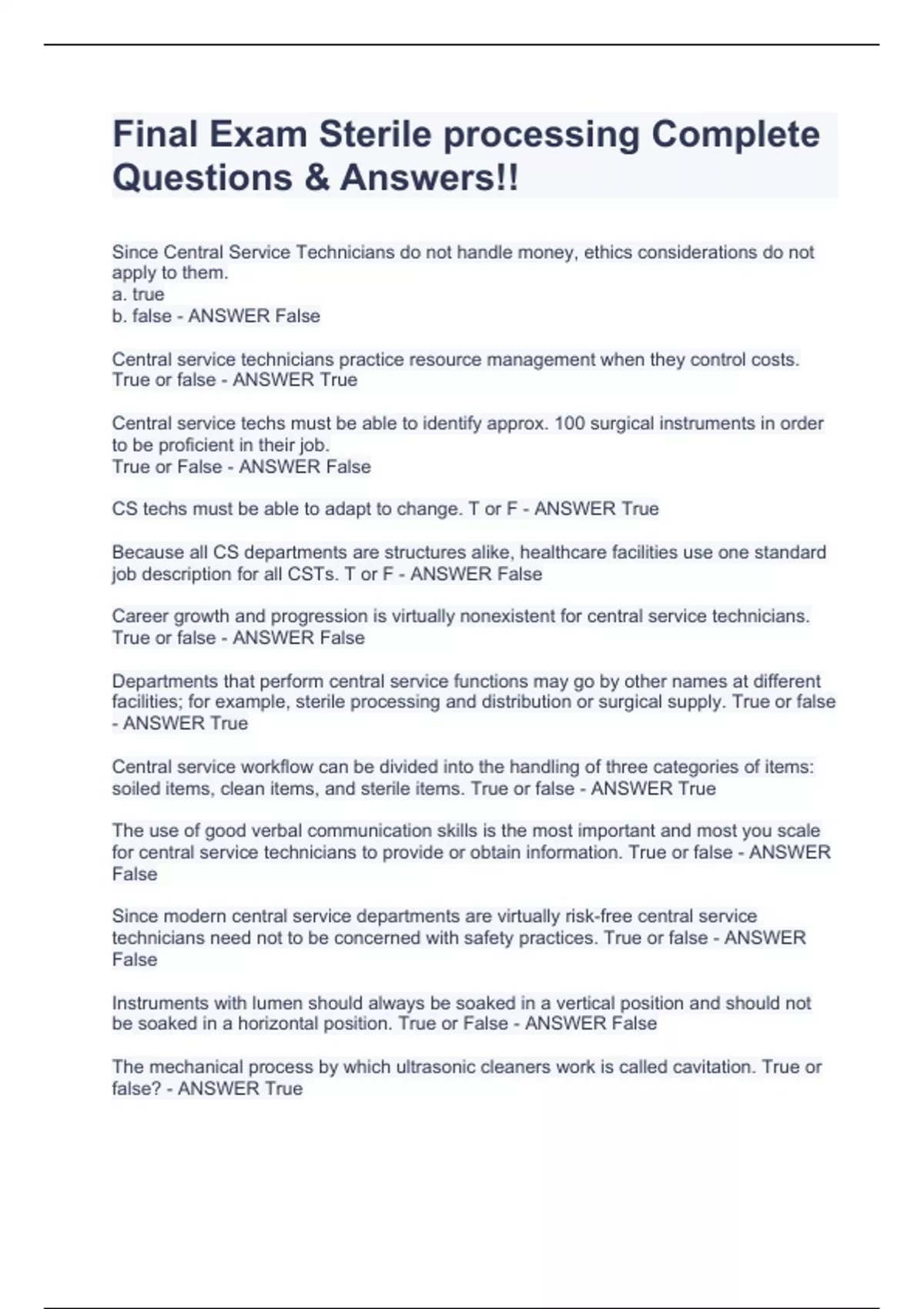 Final Exam Sterile processing Complete Questions & Answers!! Sterile