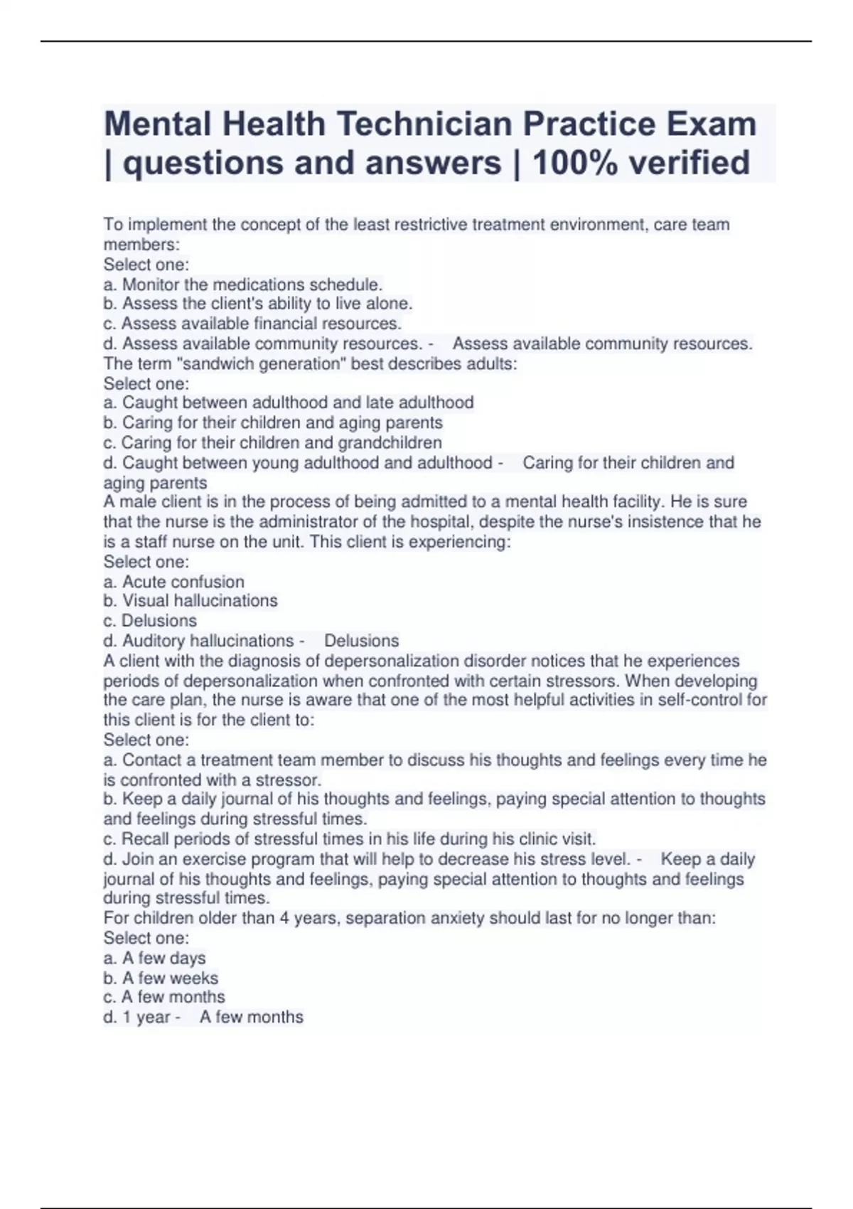 Mental Health Technician Practice Exam questions and answers 100