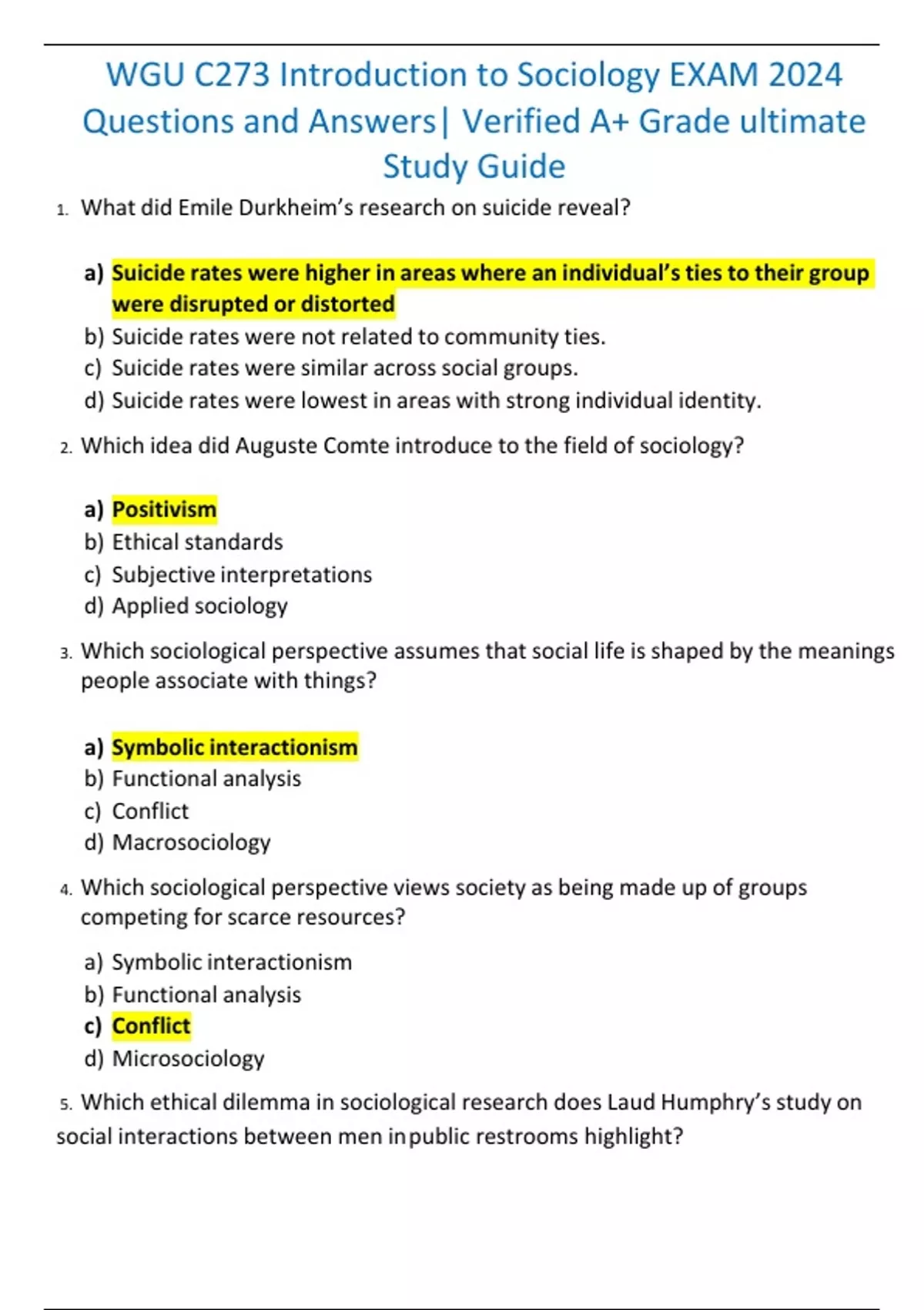WGU C273 Introduction to Sociology EXAM 2024 Questions and Answers ...